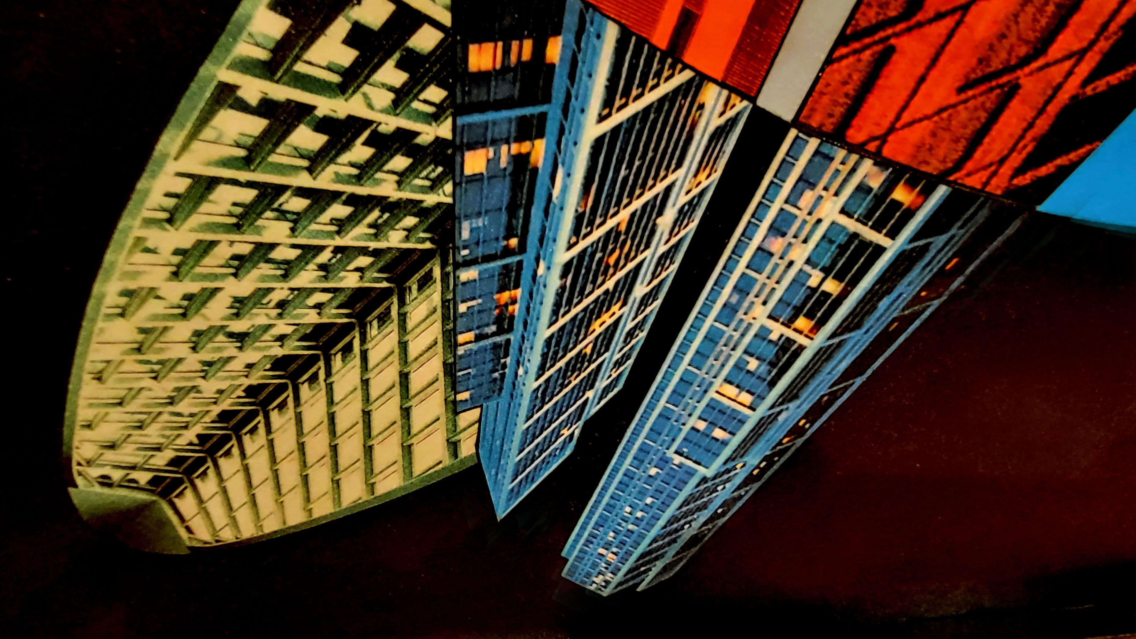 Cyberurban en tondo (L1). Architectural futurist landscape inspired in Bauhaus . - Futurist Painting by Juan Pita