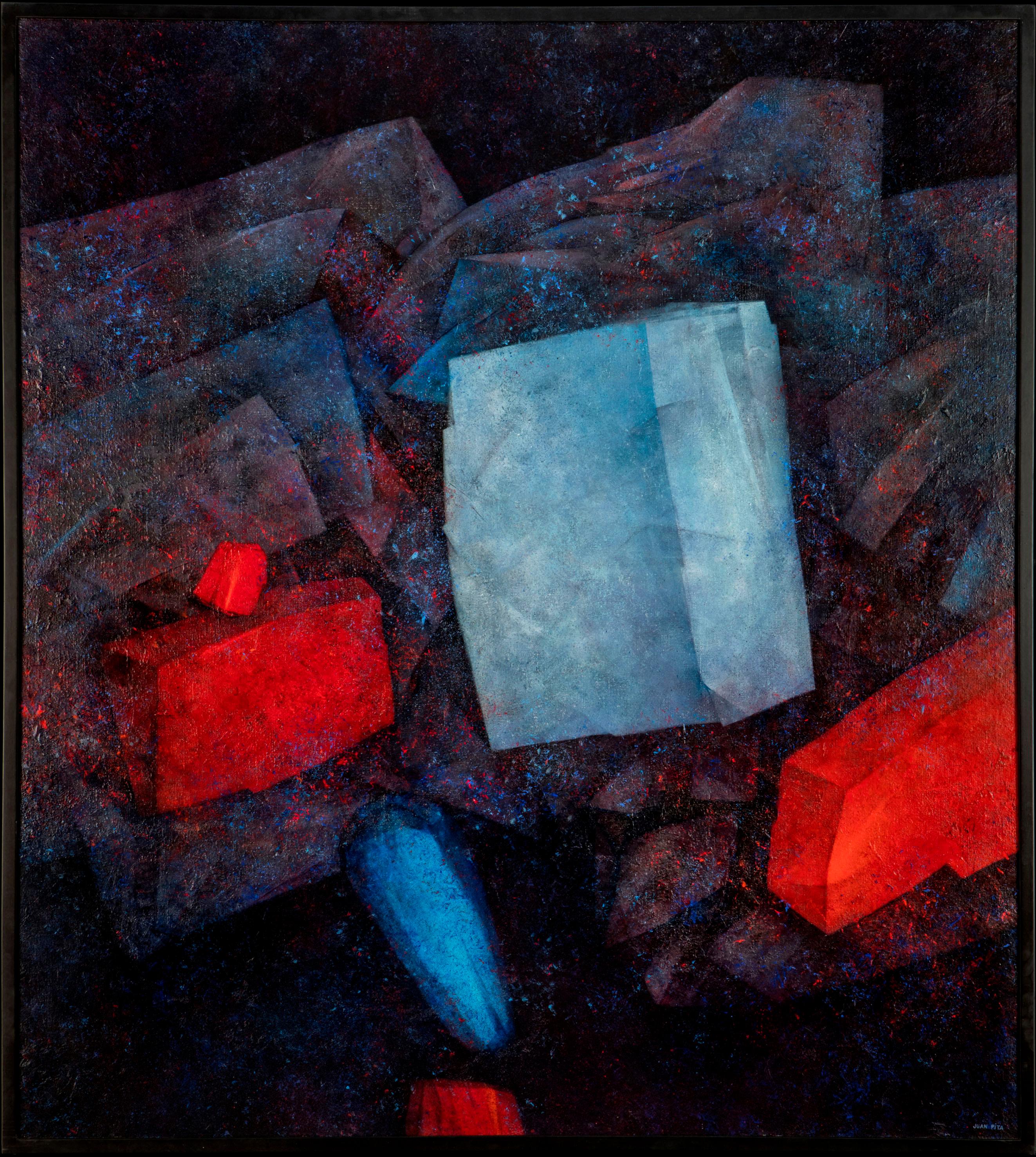 Juan Pita Abstract Painting – "Geo (X1)". Abstrakt-impressionistisch. Blau-rotes großformatiges Gemälde.