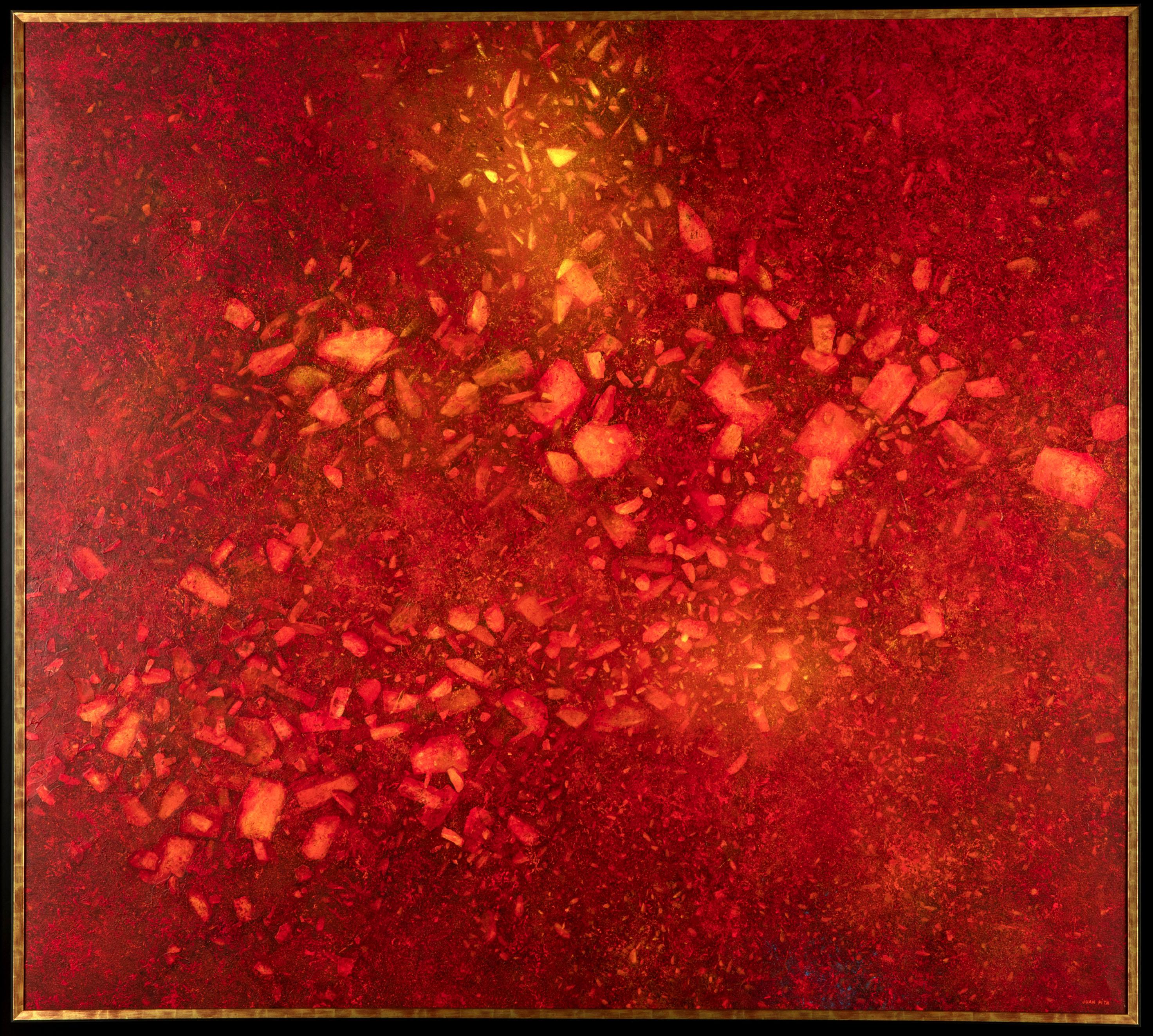 "Magma". Quadro astratto impressionista arancione di grande formato in acrilico su tela.