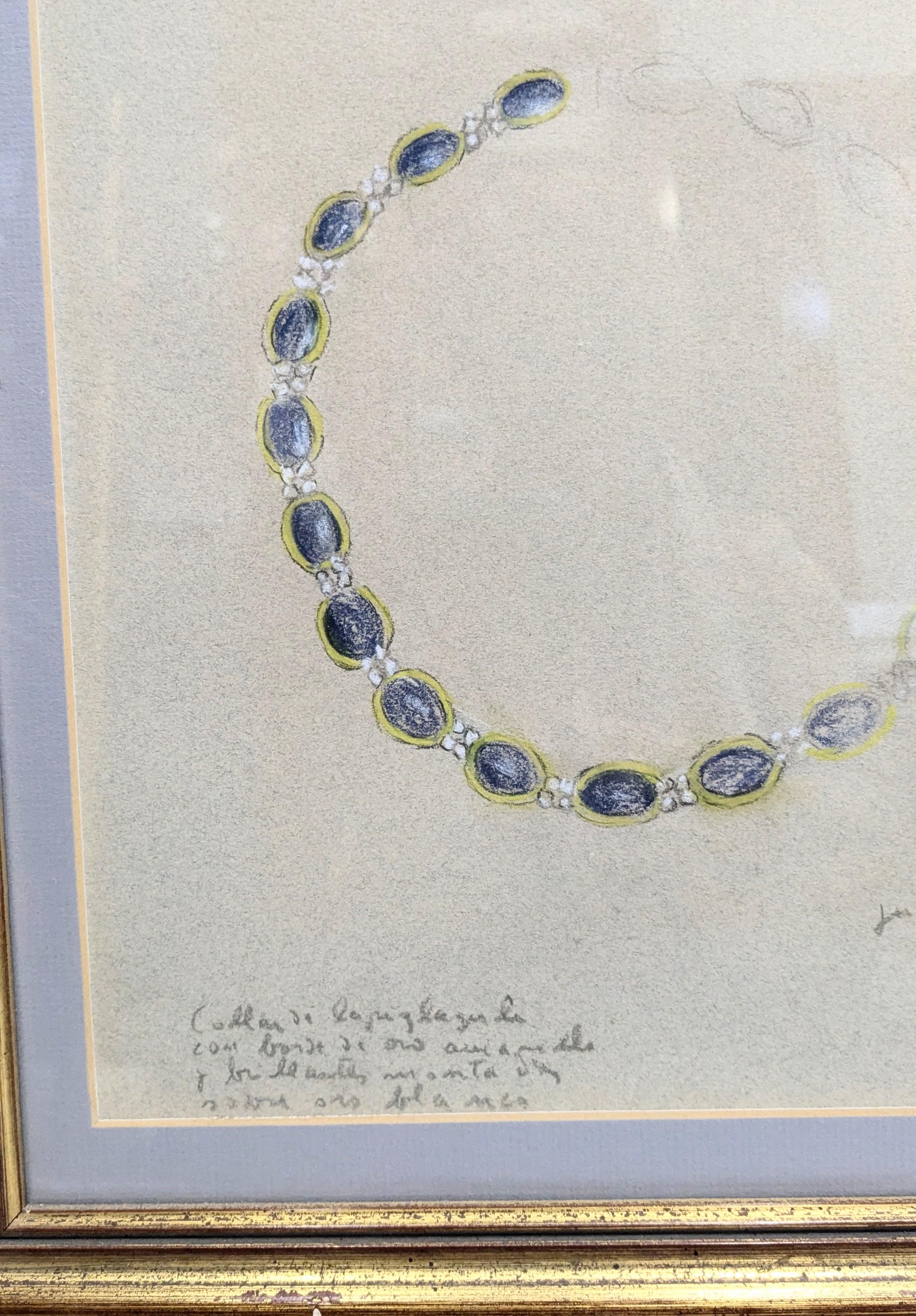 Taille brillant Juan Prats, Collier de lapis-lazuli, or et diamants dessin au crayon conté 1983 en vente