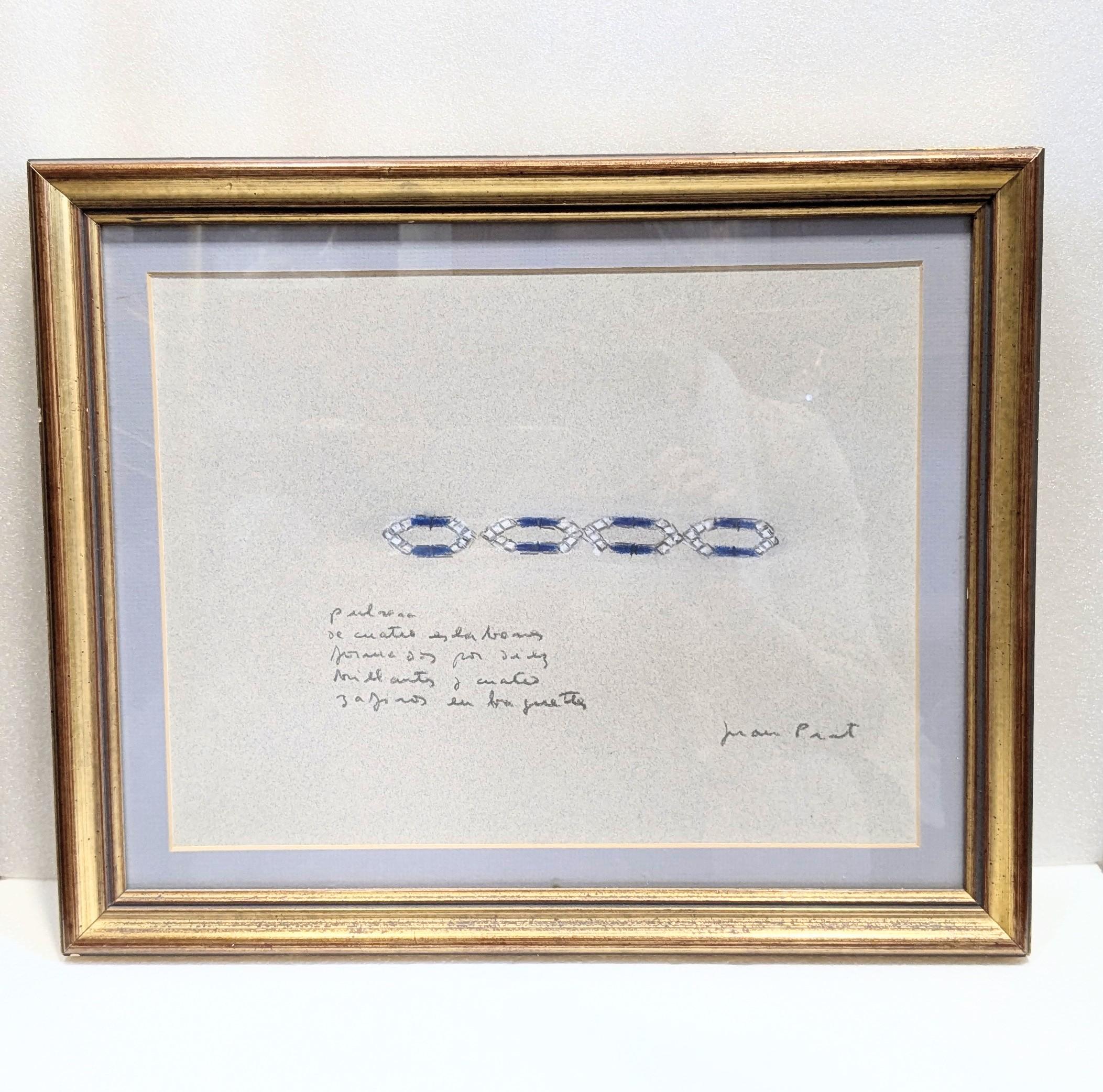   Juan Prat - Bracelet en or et saphir
Dessin original au crayon conté, rehaussé de blanc sur papier vergé de couleur avoine par Juan Prat. 
L'œuvre a été créée pendant la période de l'artiste à Marbella,  
L'œuvre est signée en bas à droite, avec