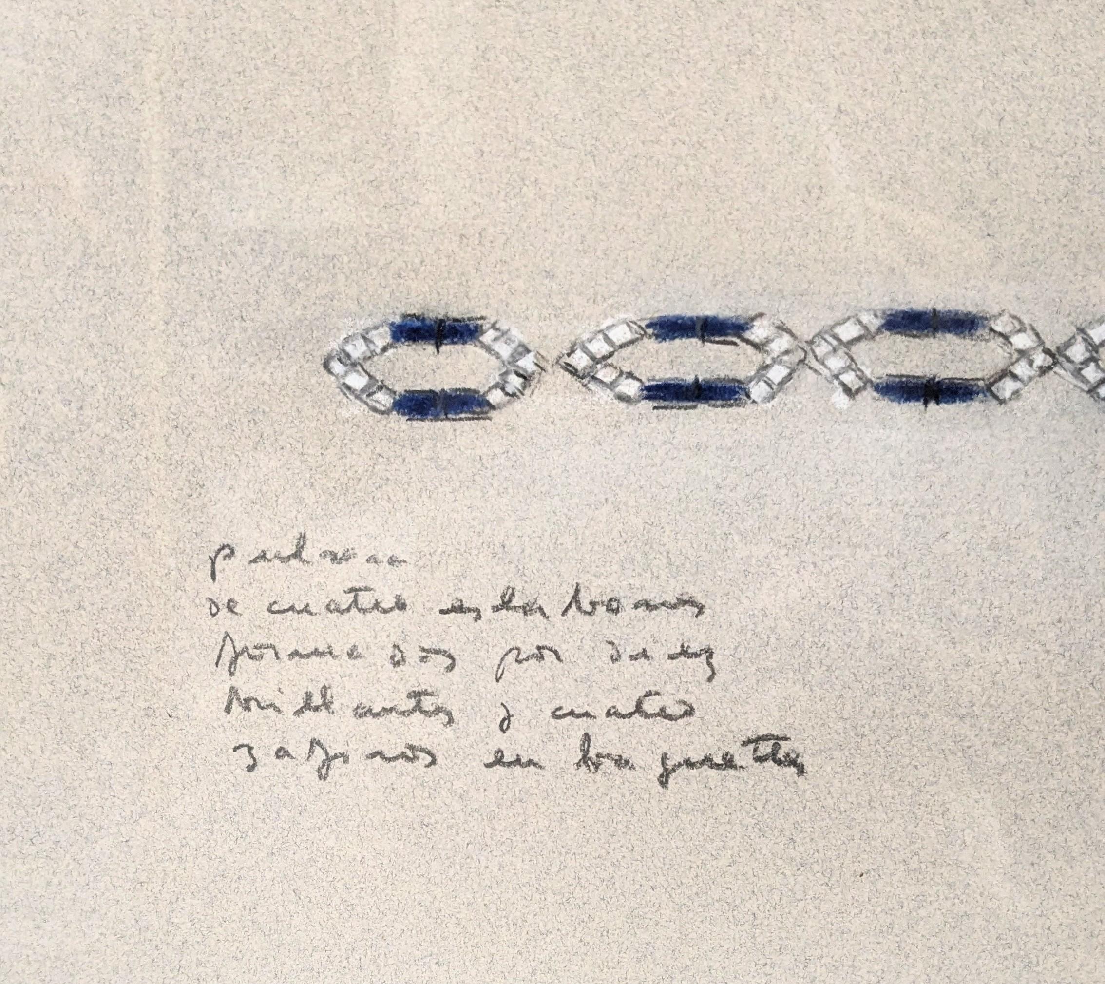 Taille brillant Juan Prat, bracelet en or blanc et saphirs  dessin au crayon conté 1983 en vente
