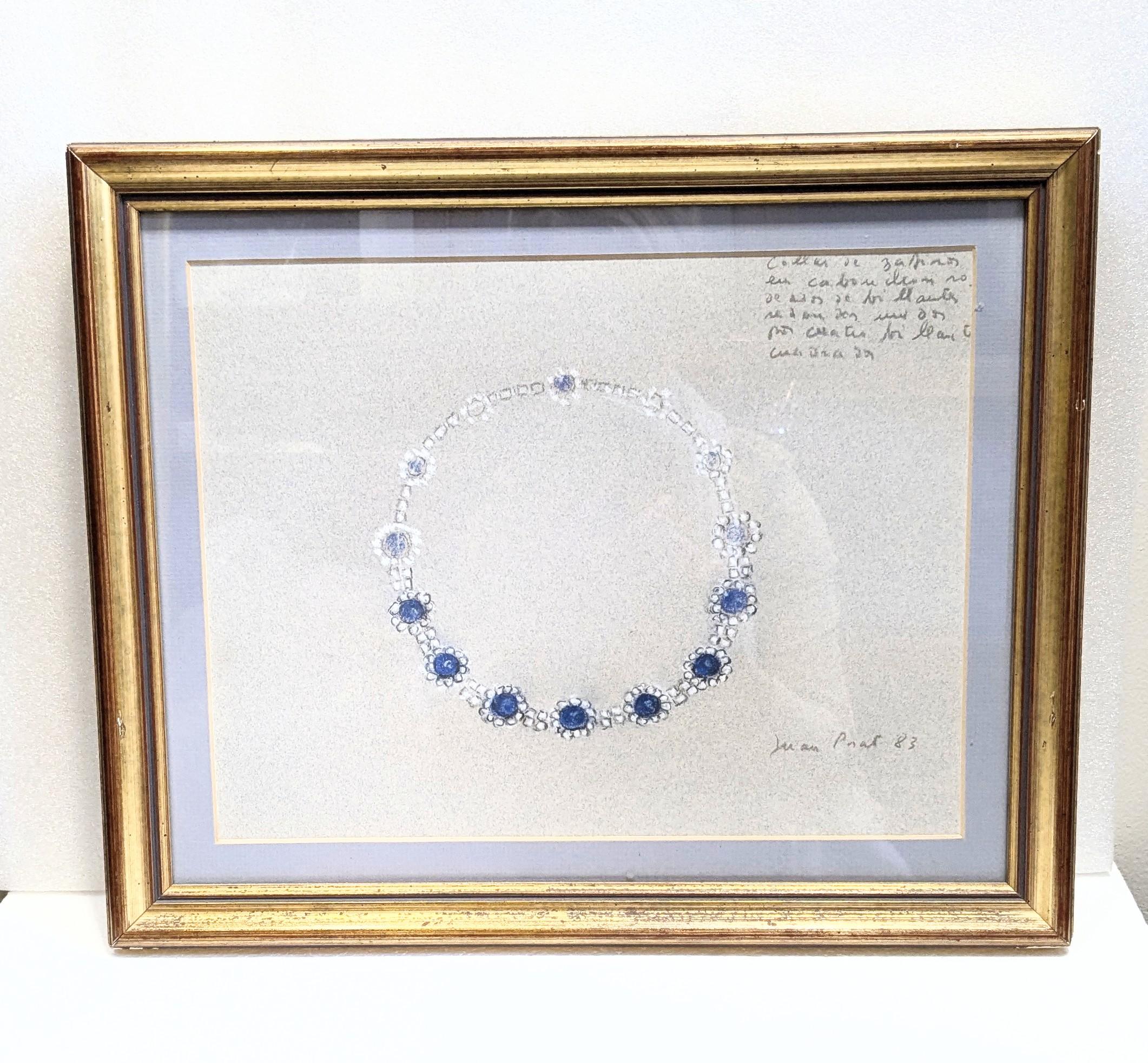 Juan Prat - Collier en or et saphir
Dessin original au crayon conté, rehaussé de blanc sur papier vergé de couleur avoine par Juan Prat. 
L'œuvre a été créée pendant la période de l'artiste à Marbella,  
L'œuvre est signée en bas à droite, avec
