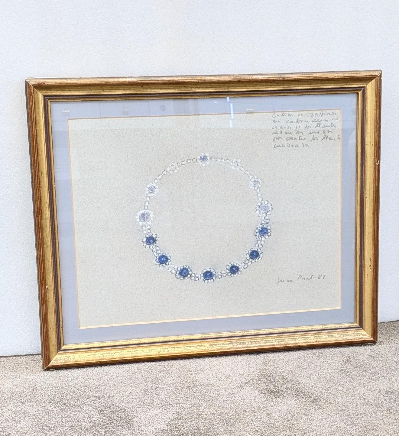 Taille brillant Juan Prat, collier en or blanc et saphir  dessin au crayon conté 1983 en vente
