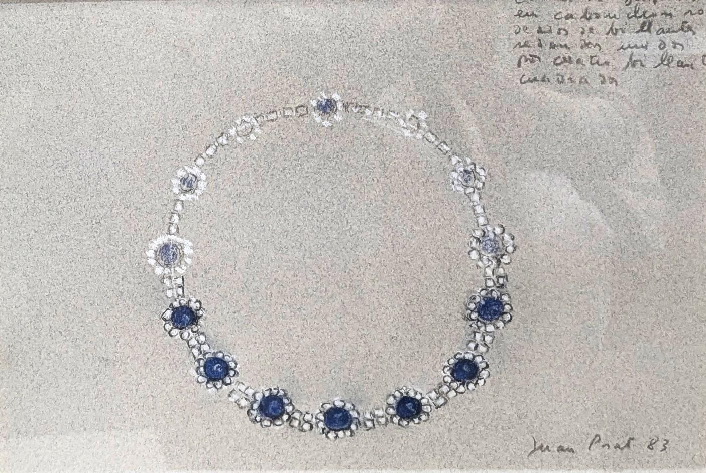 Juan Prat, collier en or blanc et saphir  dessin au crayon conté 1983 en vente 1