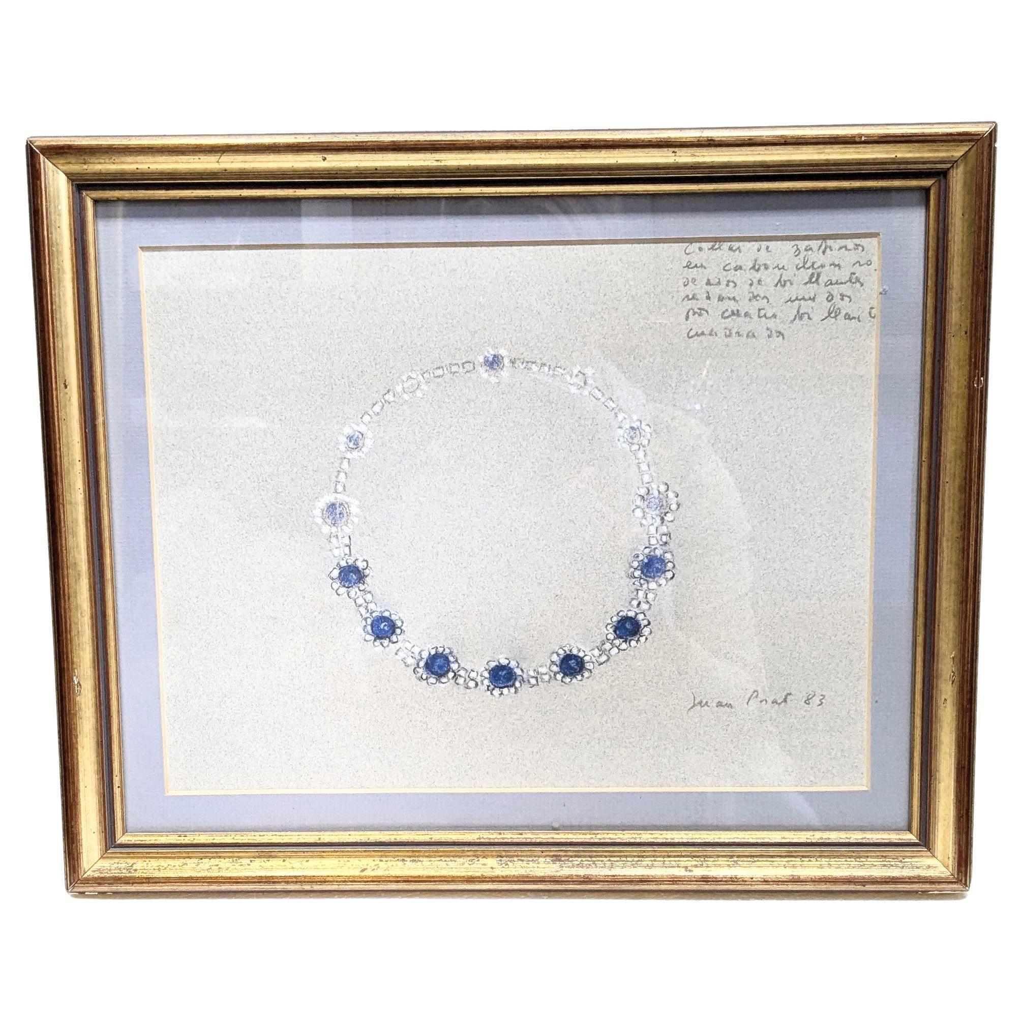 Juan Prat, White Gold and Sapphire Necklace,  drawing in conté pencil 1983