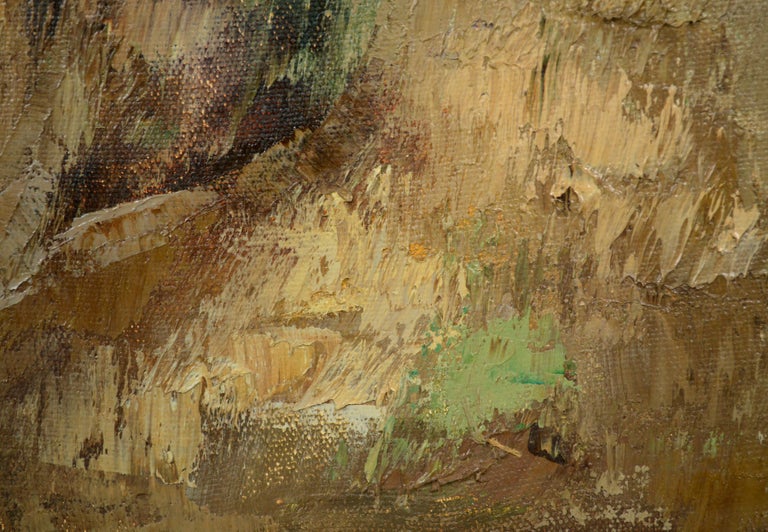 Small horizontal mid century modern abstracted desert landscape with a beautiful, subdued Southwestern palette of warm earthy neutrals and greens, highlighted by rich impasto and textural palette knife work, by Juan R. Noguez (Mexico/Texas/New
