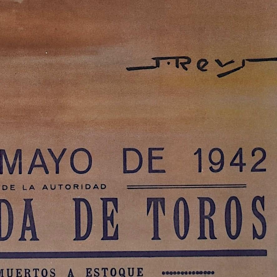 Juan Reus (1912-2003)
Original Vintage Bullfighting Poster
May 1942
107cm x 53cm

Juan Reus  was born in 1912 in Valencia, where he became a well-known painter, draftsman and, notably, graphic designer of bullfighting posters. Orphaned at birth,