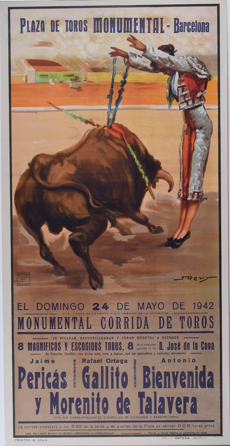 Juan Reus  Print - Bullfighting Poster with Antonio Benvenida- Barcelona 24 May 1942