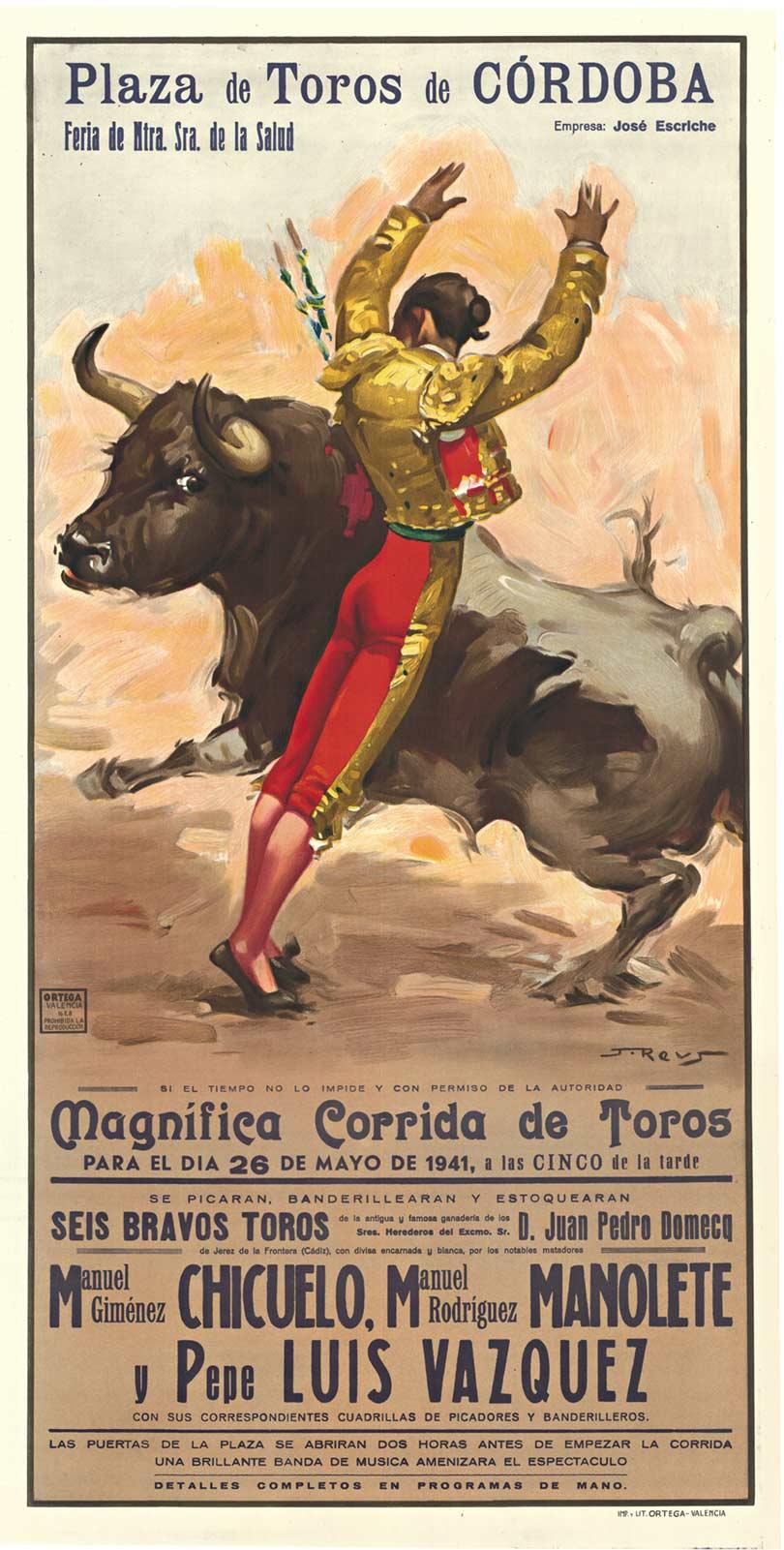 Juan Reus Animal Print - Original  Plaza de Toros de Cordoba 1941 vintage bull fighting poster