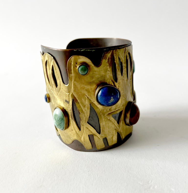 Cabochon Juan Reyes Natural Gemstone Copper Brass Chilean Modernist Studio Cuff Bracelet For Sale