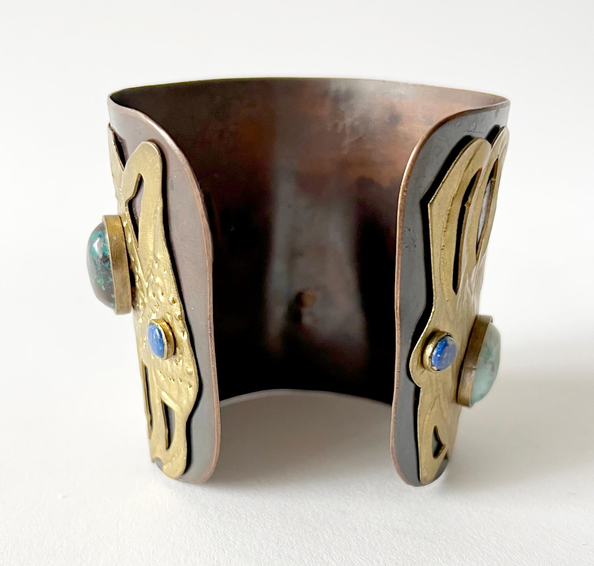 Cabochon Juan Reyes Natural Gemstone Copper Brass Chilean Modernist Studio Cuff Bracelet