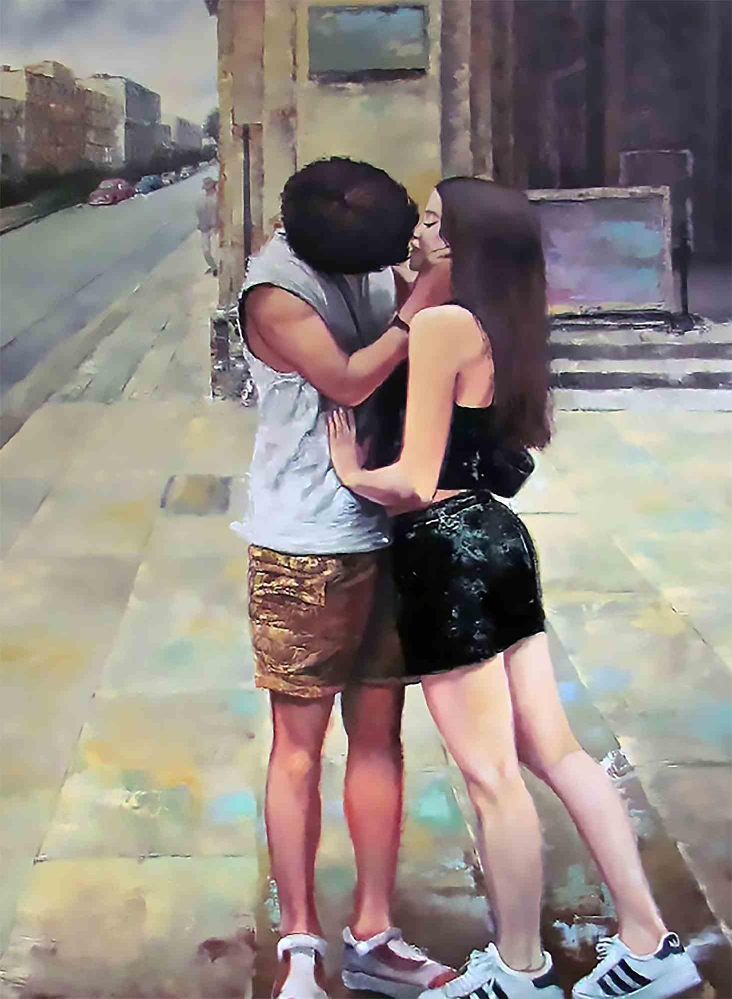 A luminous and emotive oil painting capturing the beauty of an intimate embrace in an urban setting. The soft brushstrokes and muted tones highlight tenderness and connection, transforming a fleeting moment into timeless elegance.
