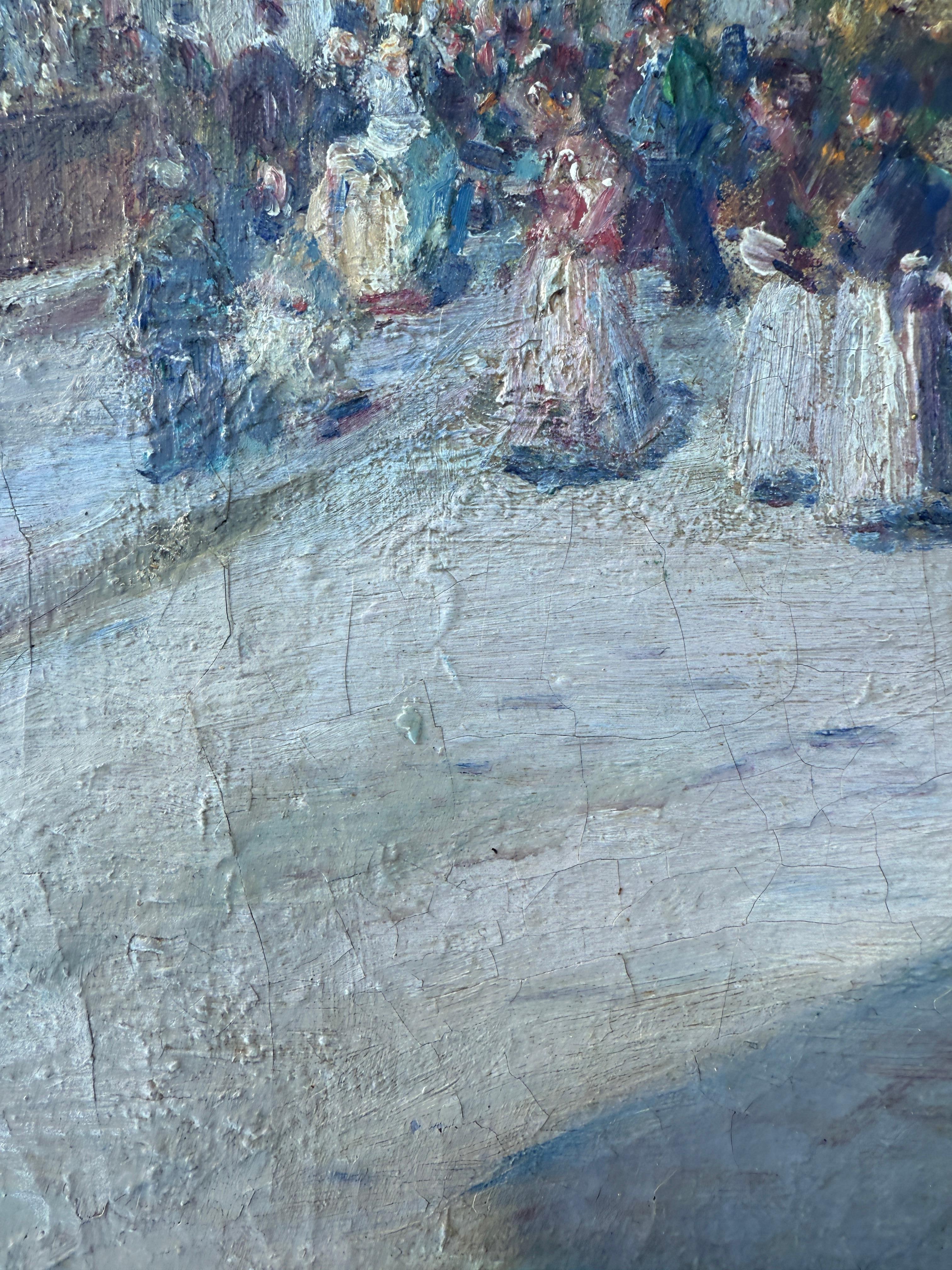 Barcelona y su gente óleo sobre lienzo pintura España paisaje urbano español - Painting Impresionista de Juan Roig y Soler
