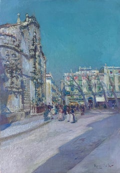 Barcelona and Its People oil on canvas painting Spain spanish urbanscape
