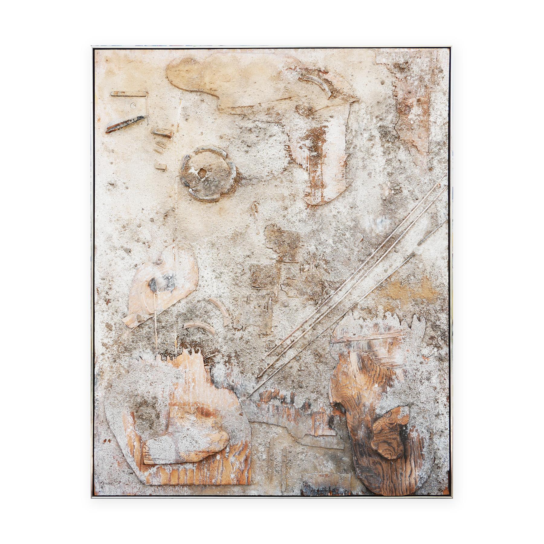 Modern Abstract Brown and White Assemblage Construction Sculpture on Canvas - Painting by Juan Sanchez-Juarez