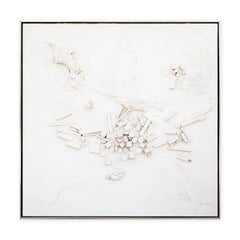 Modern Abstract Monochromatic White Assemblage Construction Sculpture on Canvas