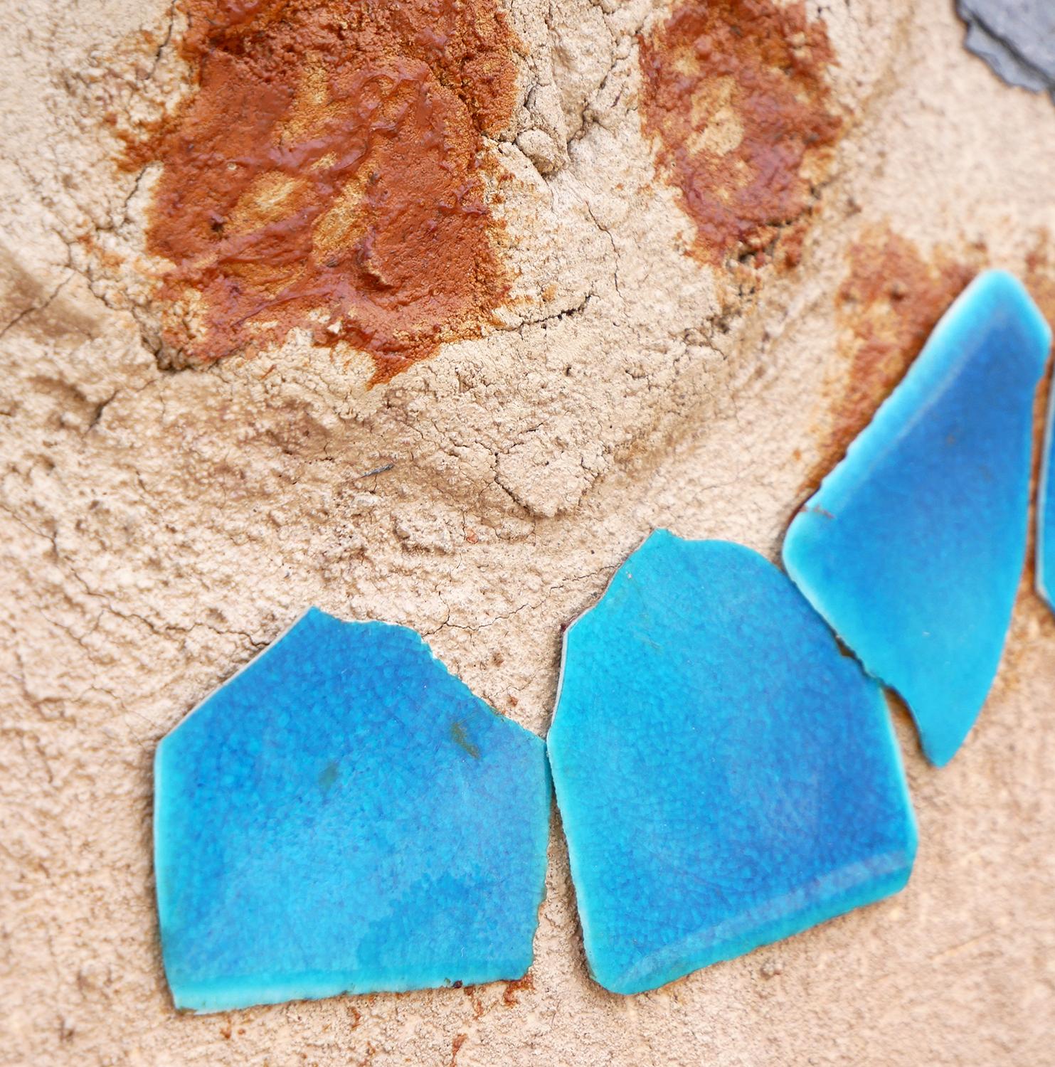 Modern Abstract Tan, Blue, & Orange Assemblage Construction Sculpture on Canvas 11