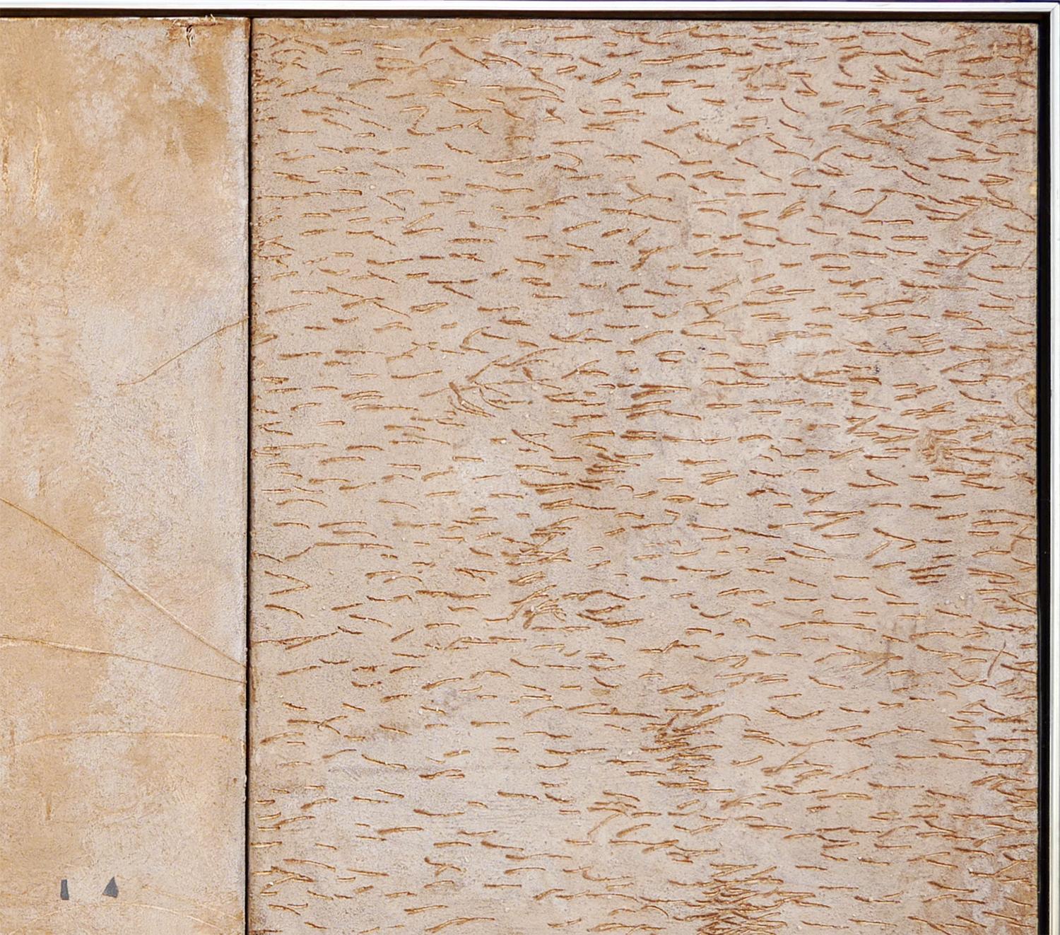 Modern Abstract Tan, Blue, & Orange Assemblage Construction Sculpture on Canvas 1