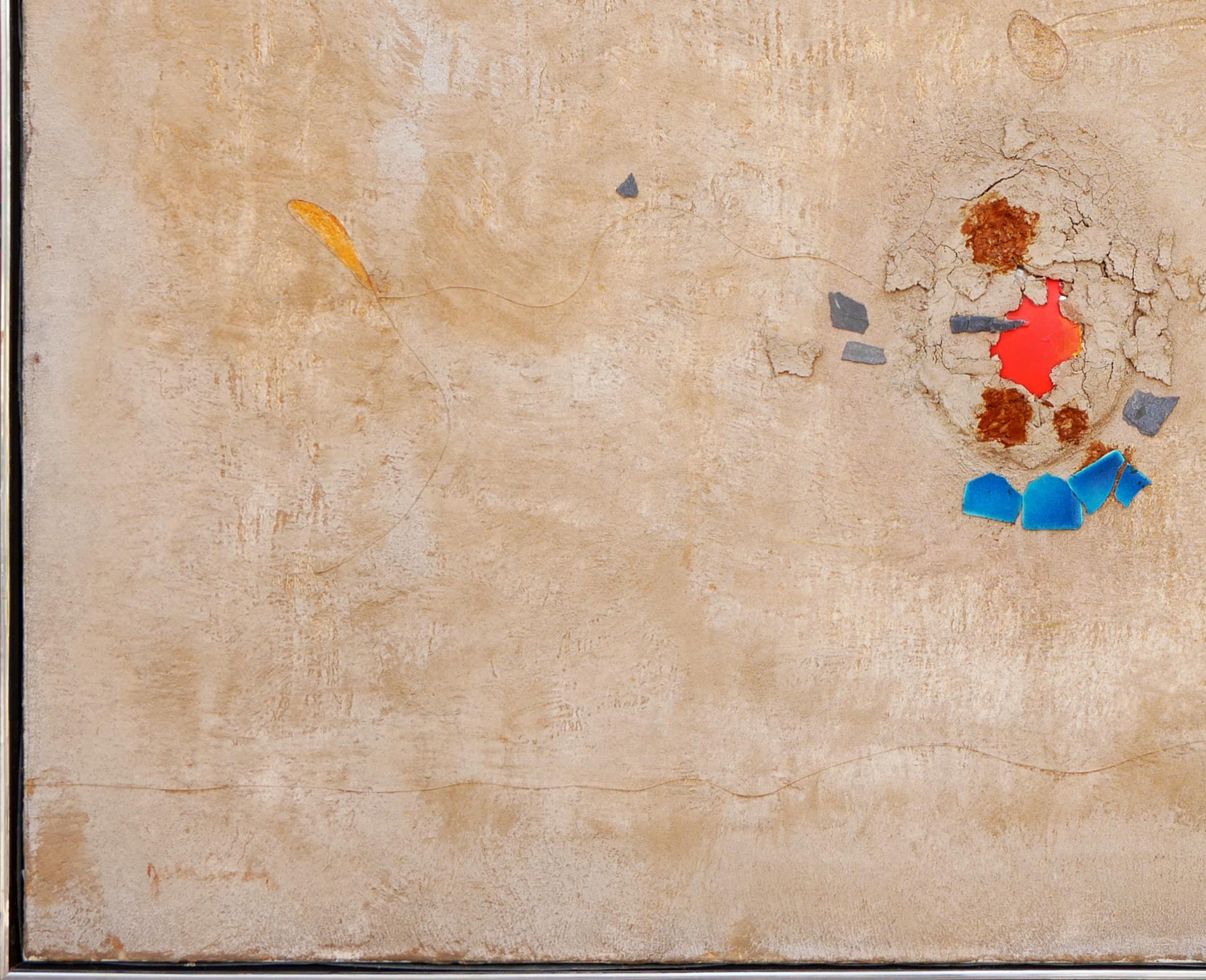 Modern Abstract Tan, Blue, & Orange Assemblage Construction Sculpture on Canvas 2