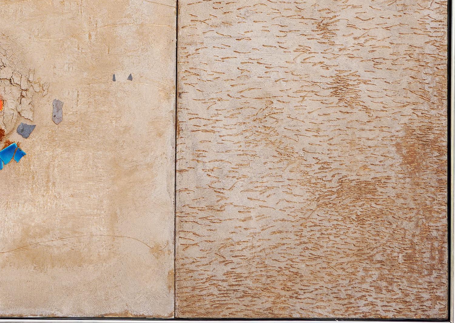 Modern Abstract Tan, Blue, & Orange Assemblage Construction Sculpture on Canvas 3