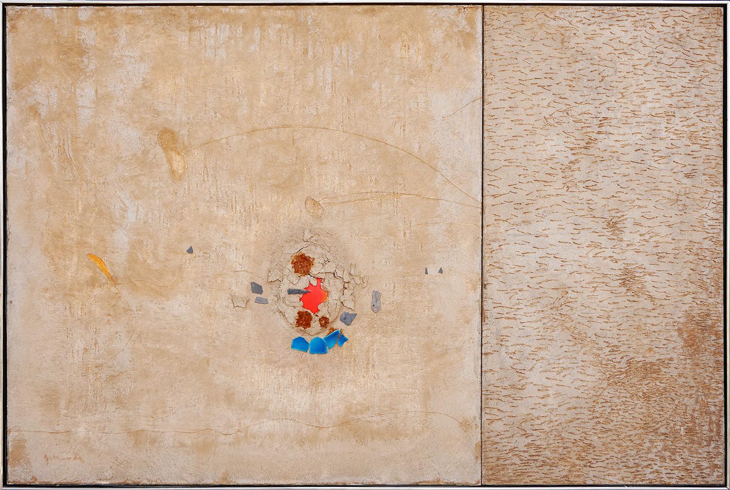 Modern Abstract Tan, Blue, & Orange Assemblage Construction Sculpture on Canvas 4