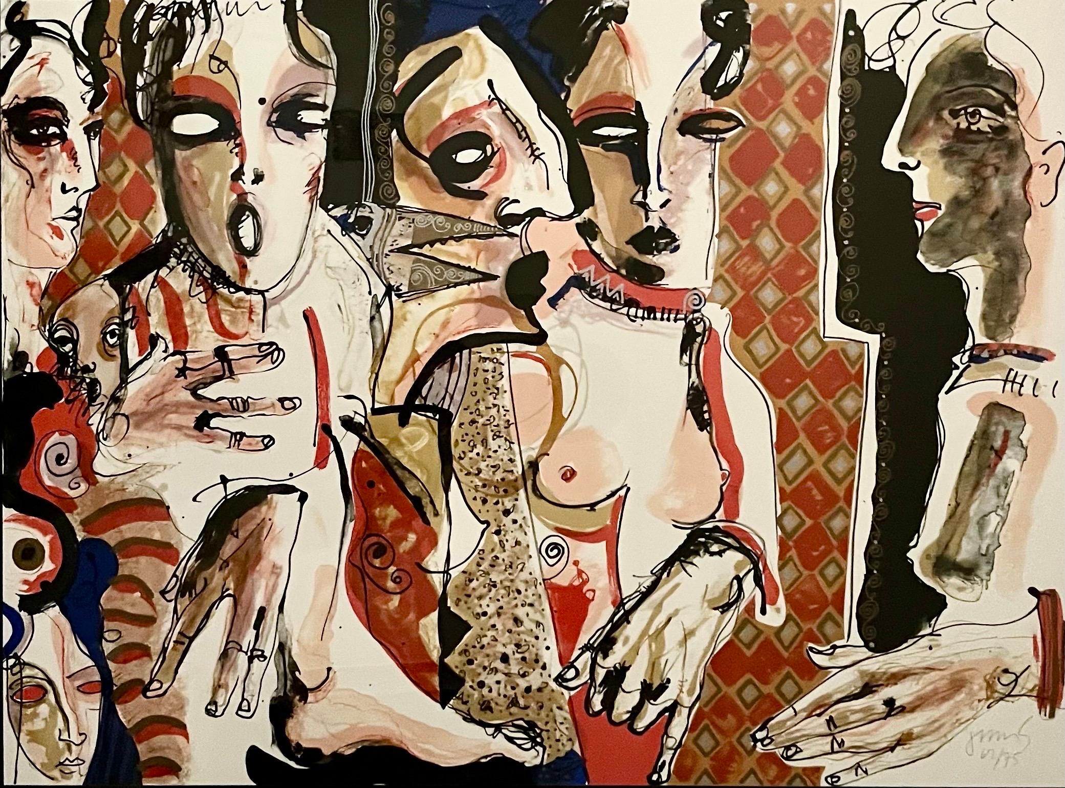 Large Mexican Figurative Expressionist Lithograph Women Juan Sebastián Barbera For Sale 1