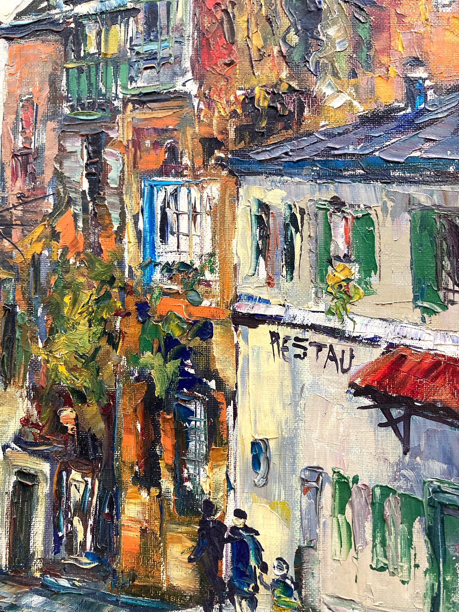 Pintura impresionista multicolor de mediados de siglo firmada por el artista español Juan Sevilla Saez, nacido en 1922. Esta pieza es una representación por excelencia de sus vibrantes escenas callejeras y paisajes de la ciudad de París. Vivió y