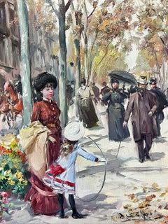 Bustling Parisian Boulevards Mother & Child by Flowers Impressionist Oil