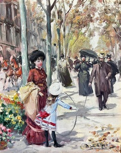 Bustling Parisian Boulevards Mother & Child by Flowers Impressionist Oil