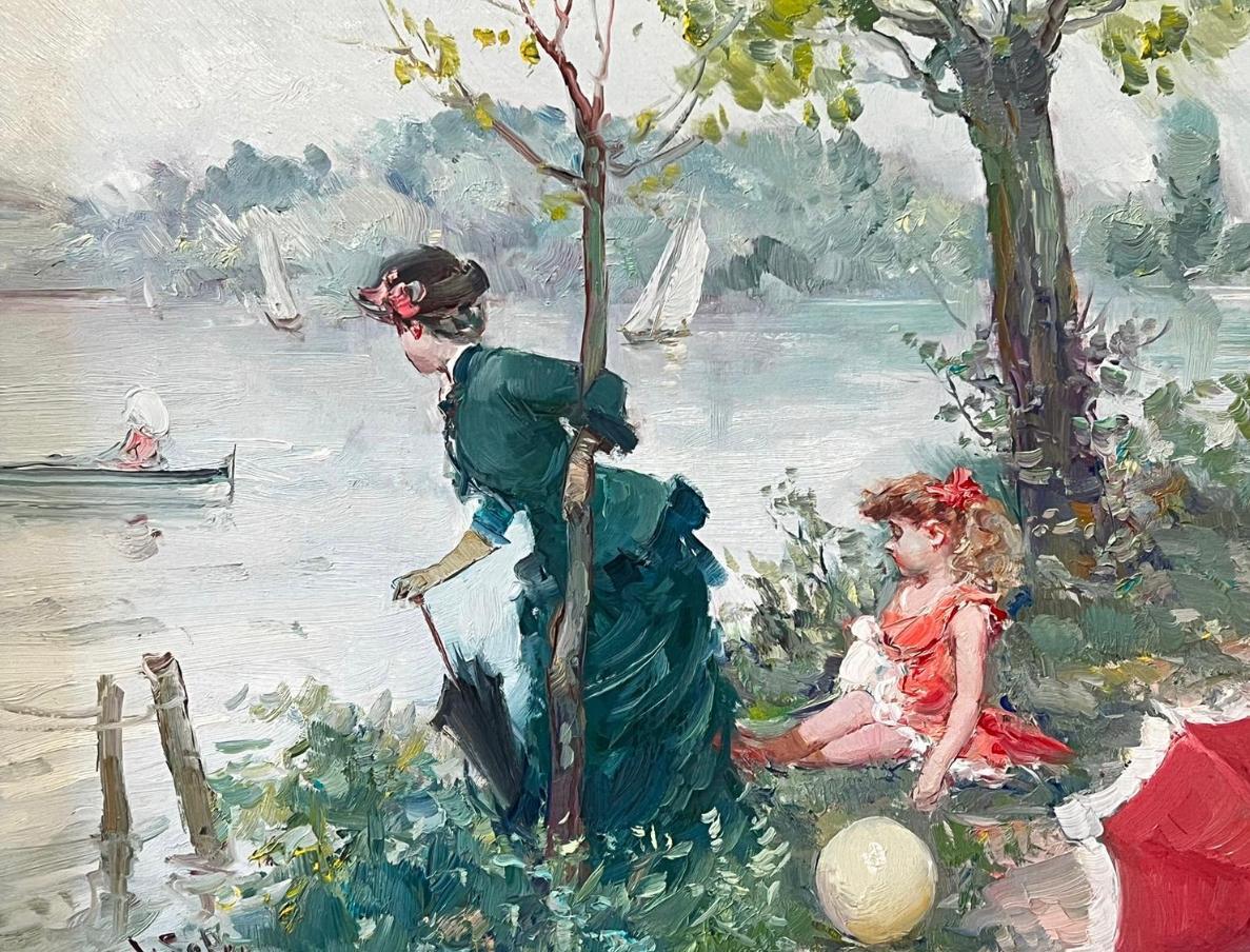 Madre e figlia sul lago Pittura a olio impressionista su tela con cornice - Painting di Juan Soler