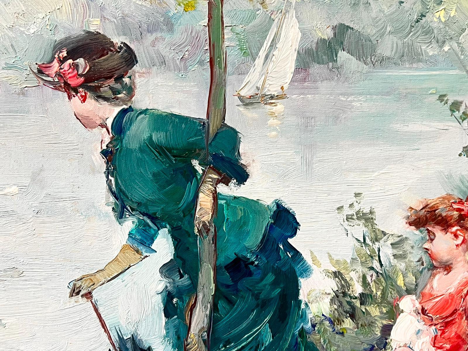 Madre e figlia sul lago Pittura a olio impressionista su tela con cornice - Landscape Painting Marrone di Juan Soler