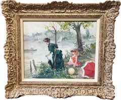 Mother & Daughter by Lake Fine Impressionist Oil Painting on Canvas framed 