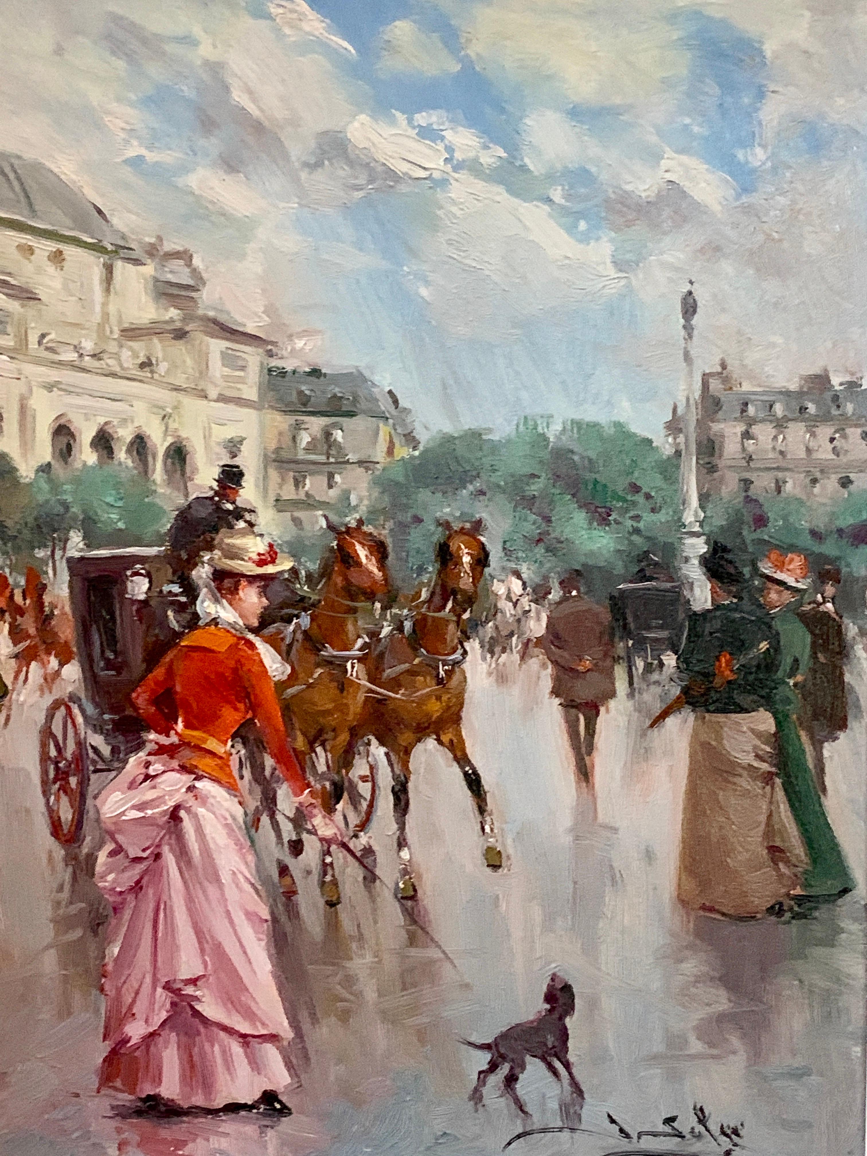 Stile ottocentesco, veduta di persone eleganti nelle strade parigine, Francia - Painting di Juan Soler