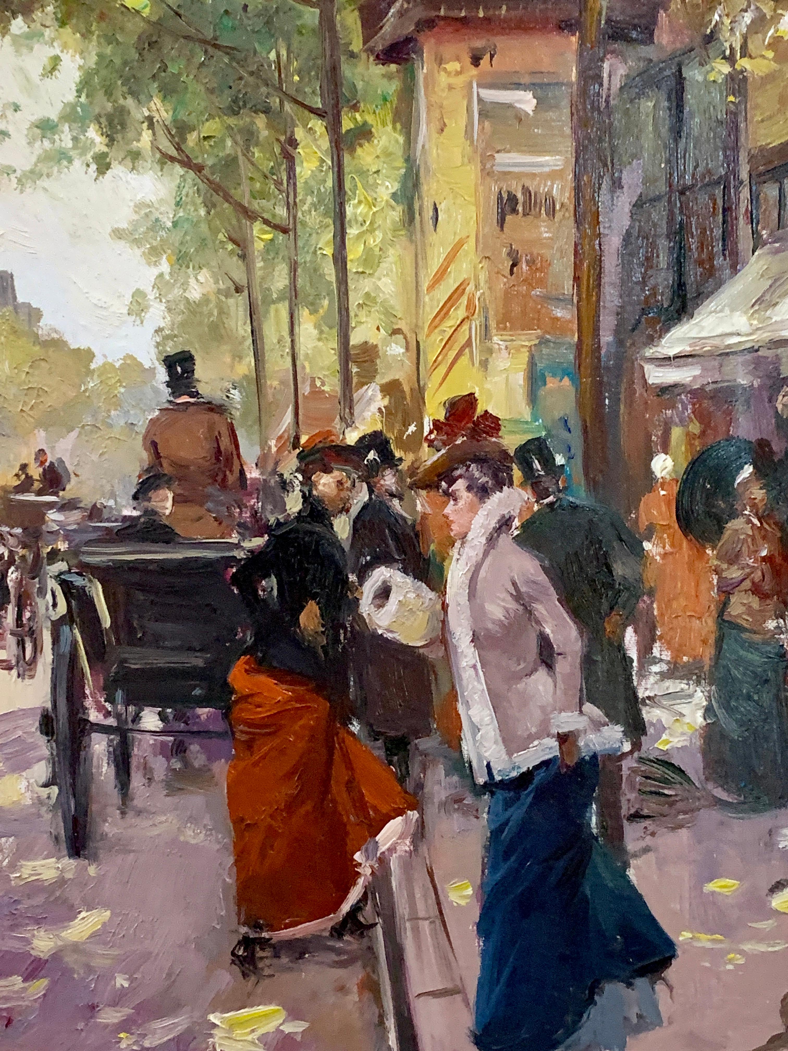 Stile ottocentesco, veduta di persone eleganti nelle strade parigine, Francia - Painting di Juan Soler