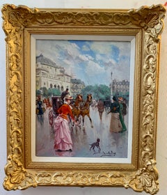 Vintage 19th century style, view of elegant people in the Parisian streets, France