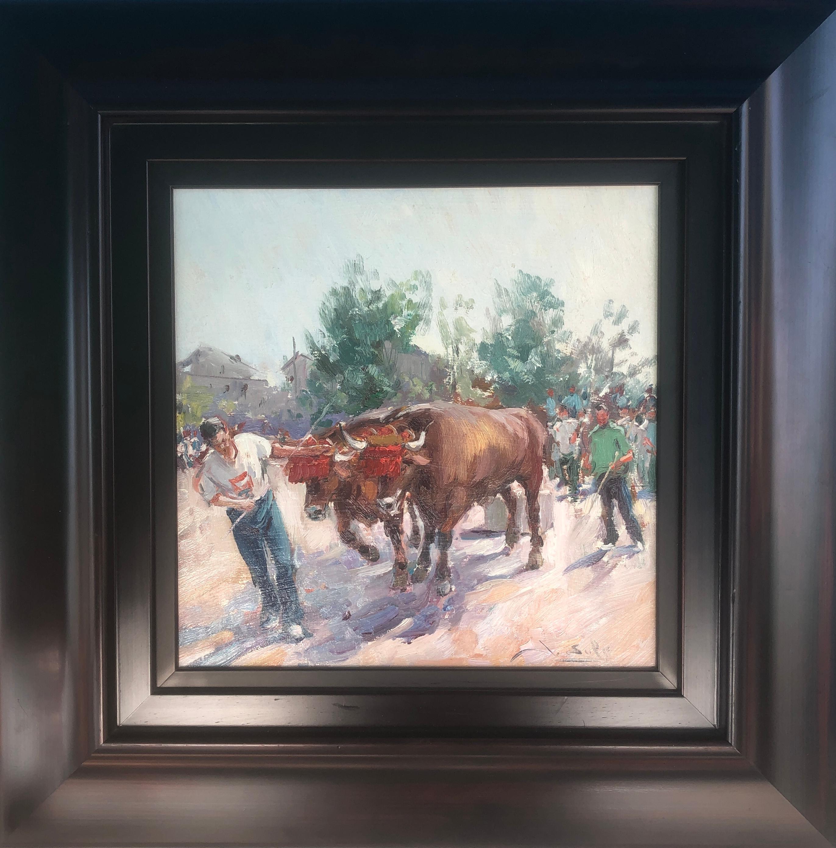 plowing with oxen oil on board painting Spain - Painting by Juan Soler