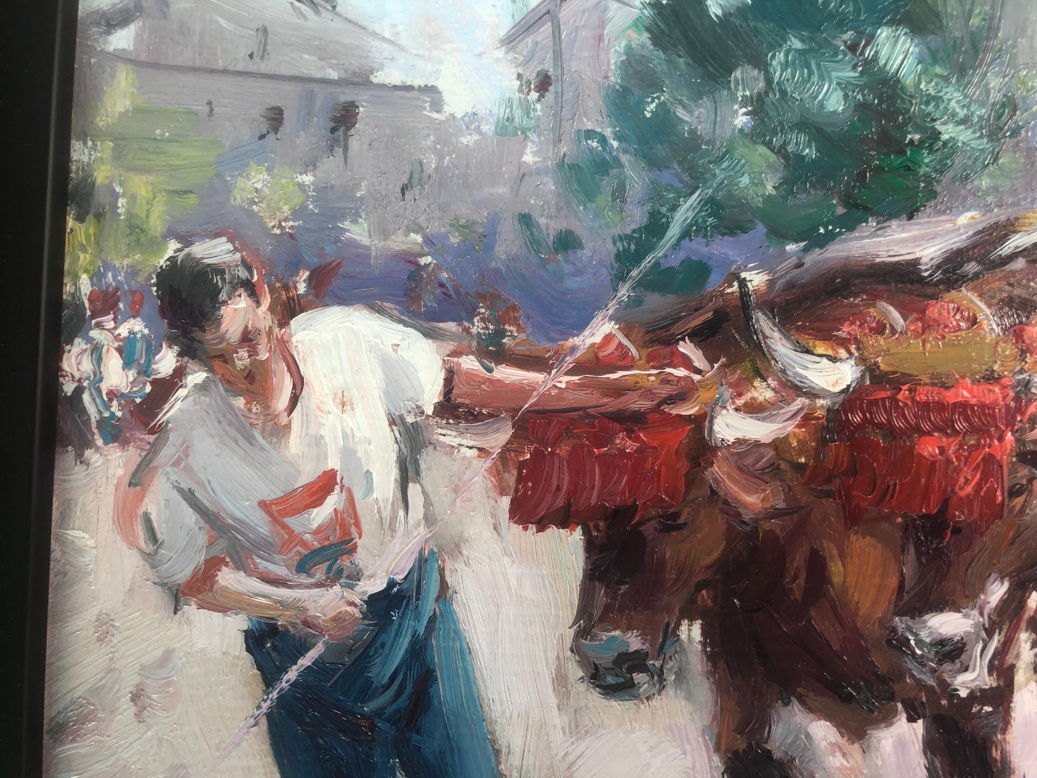 aratura con buoi olio su tavola Spagna - Painting Postimpressionismo di Juan Soler
