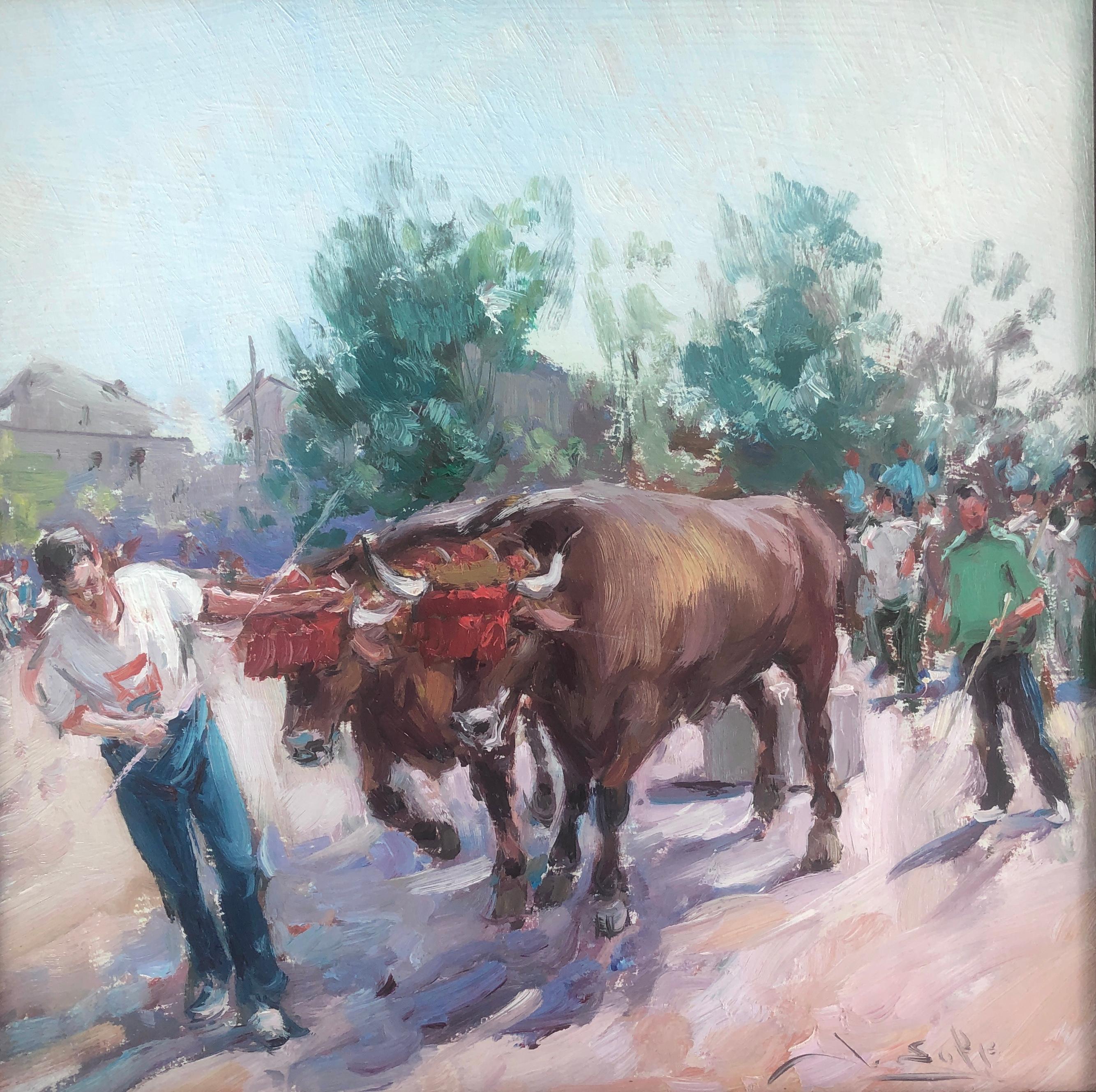 Figurative Painting Juan Soler - Peinture à l'huile sur toile espagnole plowing with oxen