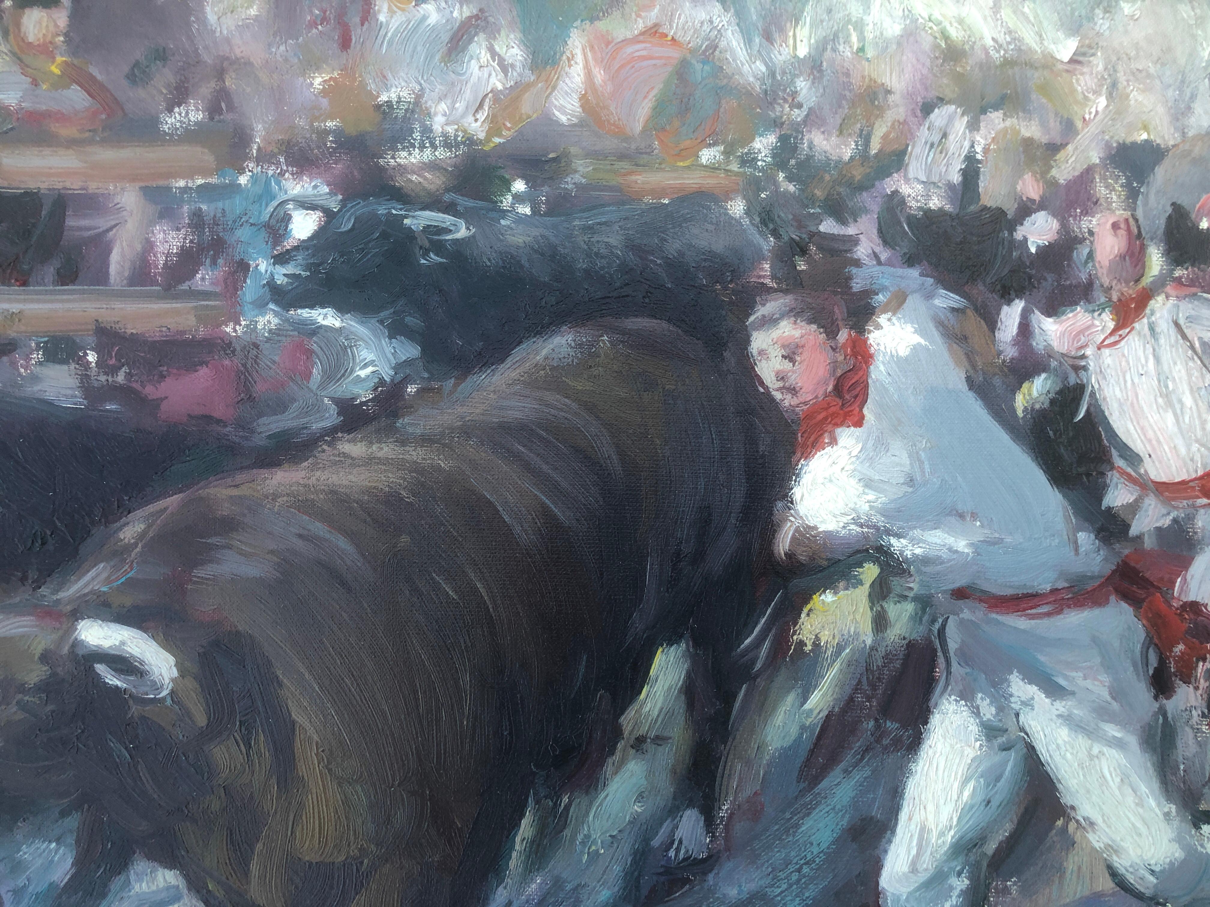 San Fermin Pamplona Spain oil on canvas painting - Impressionist Painting by Juan Soler