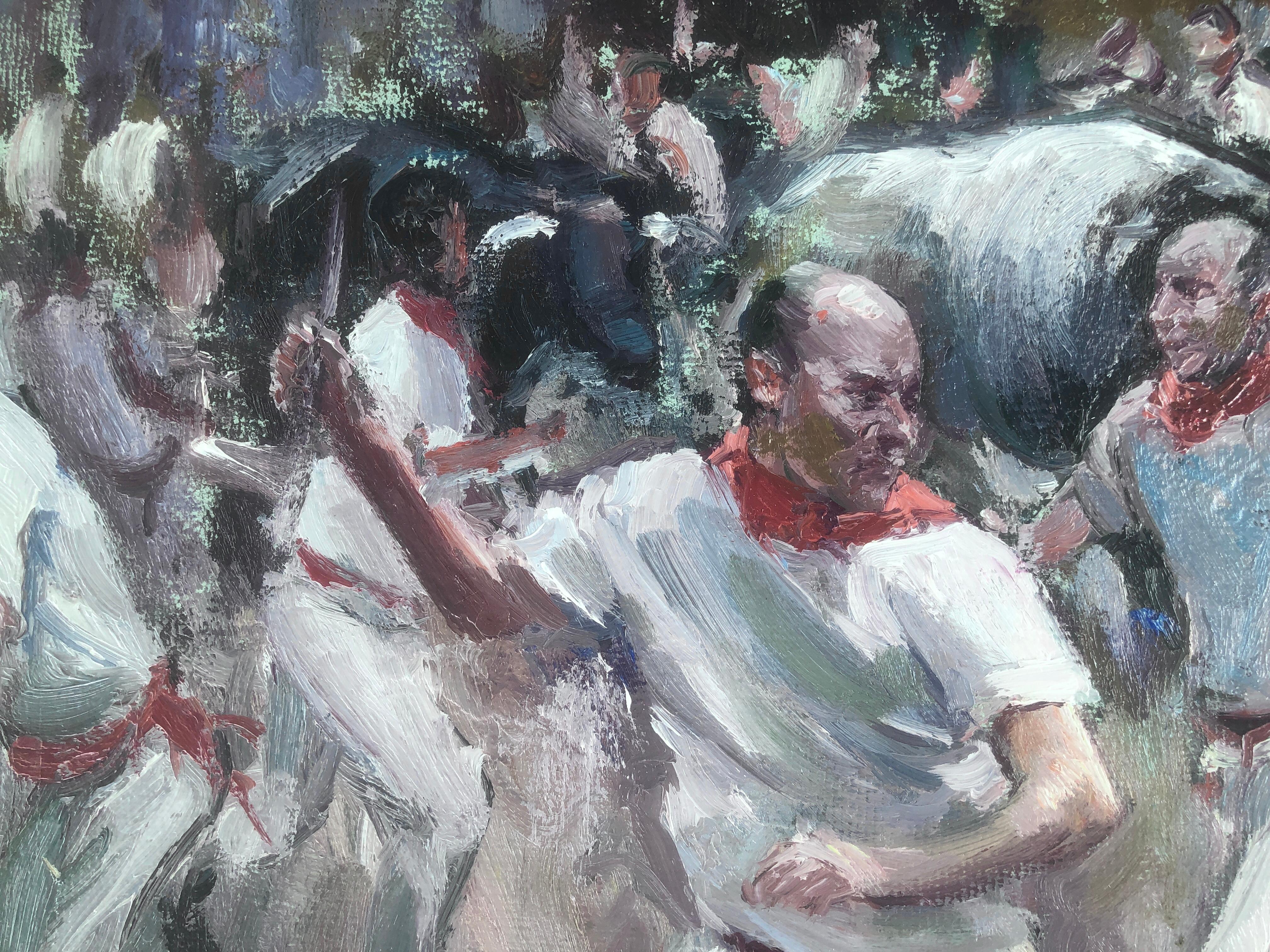 Peinture à l'huile sur carton de San Fermin Pamplona, Espagne en vente 2