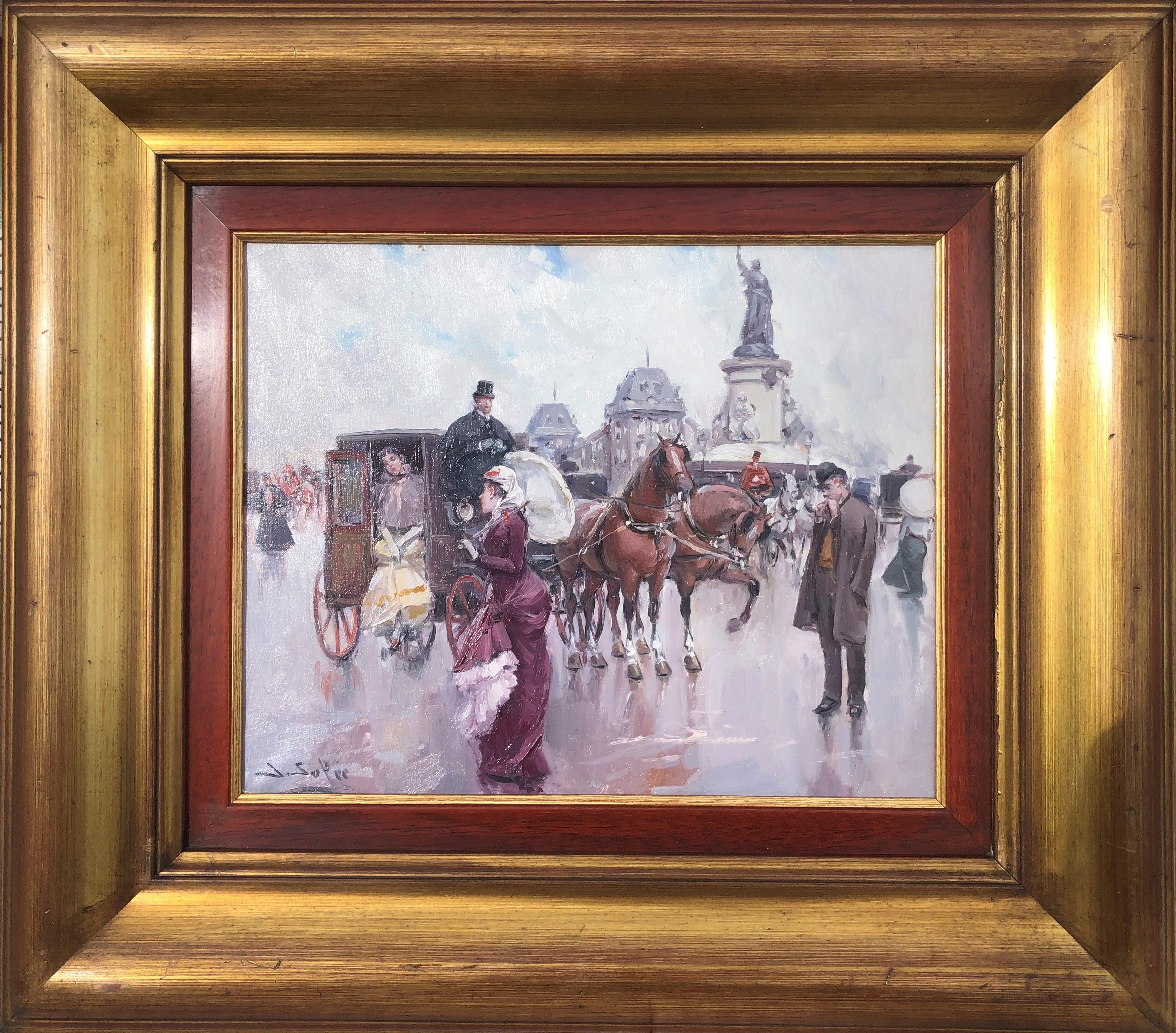 Ansicht des modernistischen Paris Öl auf Leinwand Gemälde – Painting von Juan Soler