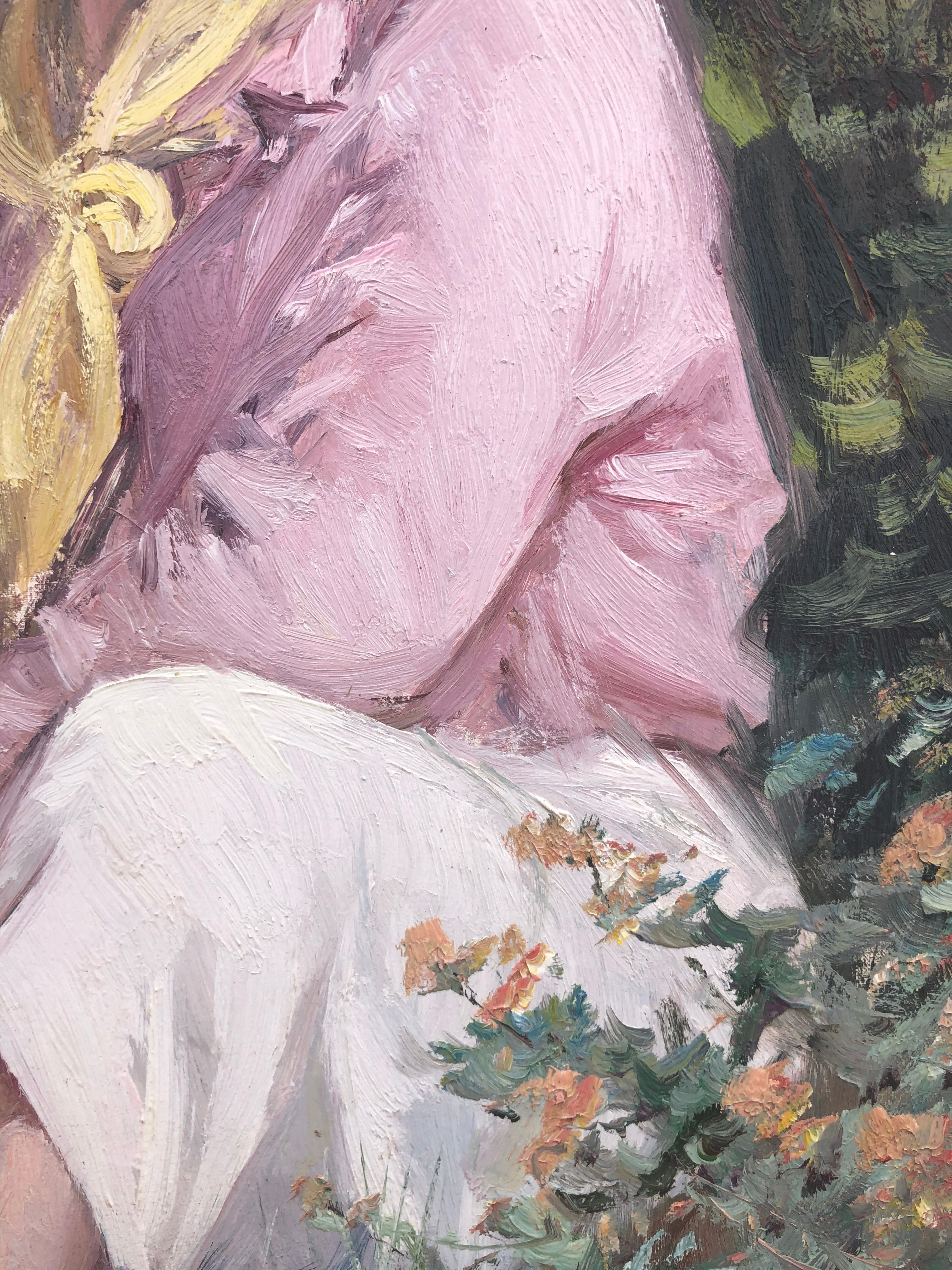 Frau im Garten, Öl auf Leinwand, Gemälde (Post-Impressionismus), Painting, von Juan Soler