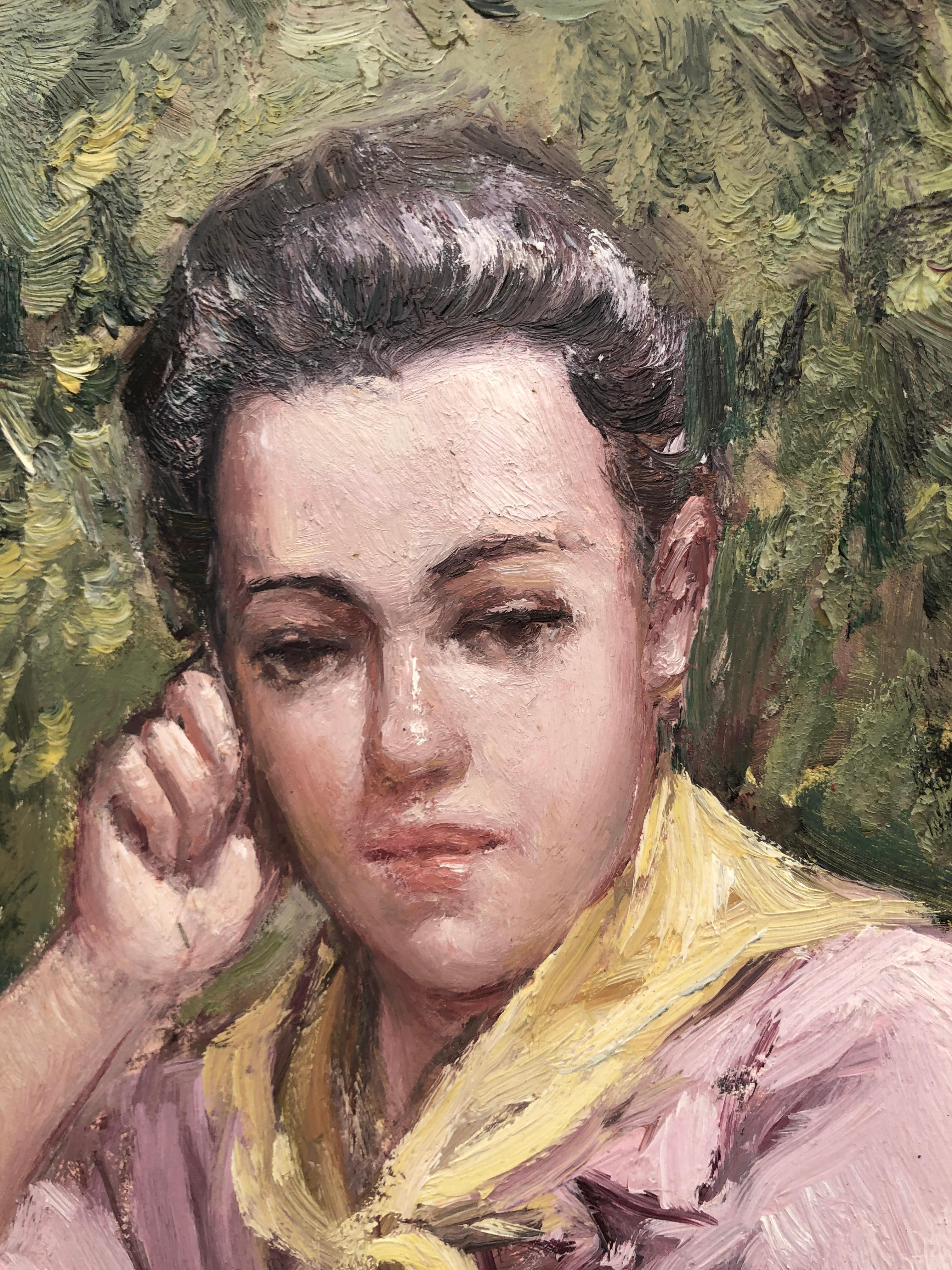 Frau im Garten, Öl auf Leinwand, Gemälde (Grau), Portrait Painting, von Juan Soler