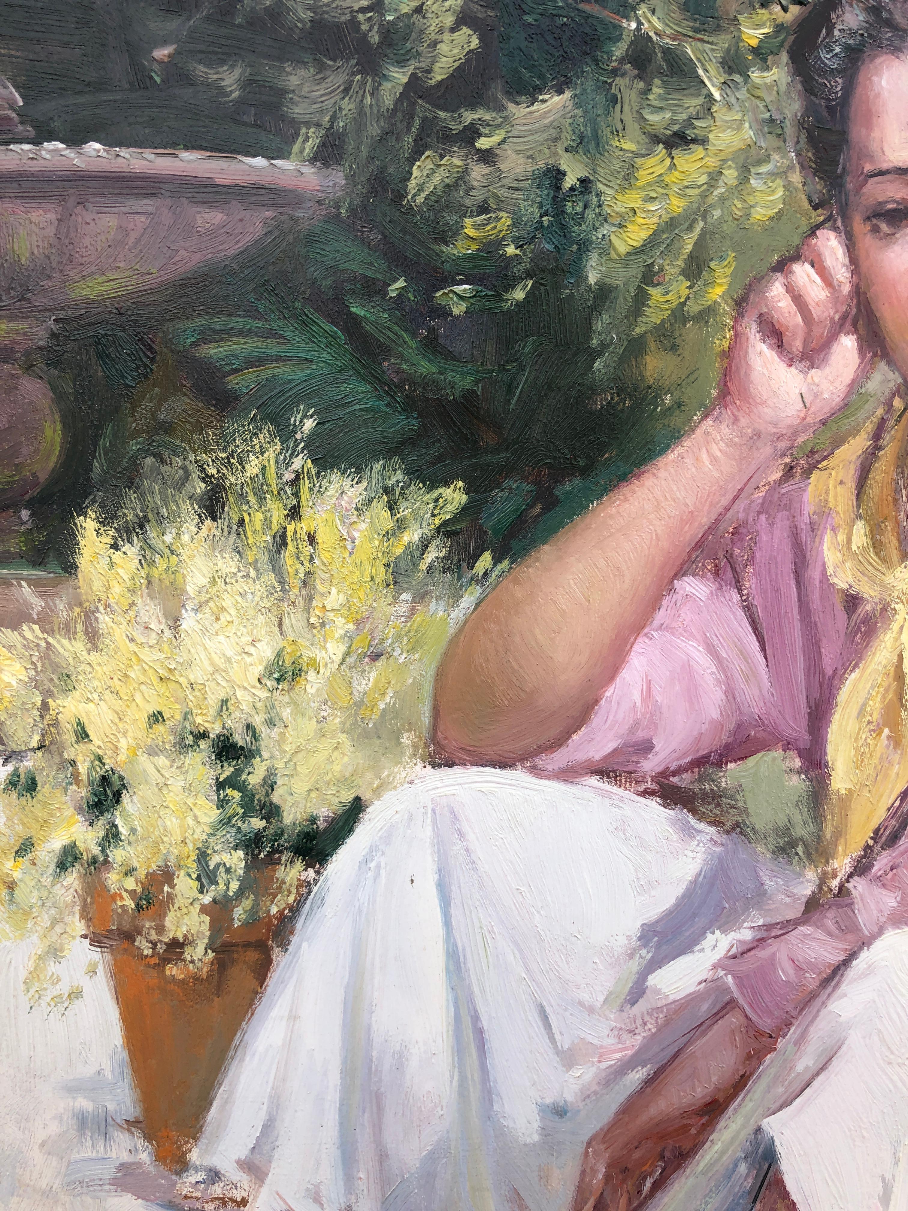 Woman sitting in the garden oil on canvas painting - Post-Impressionist Painting by Juan Soler