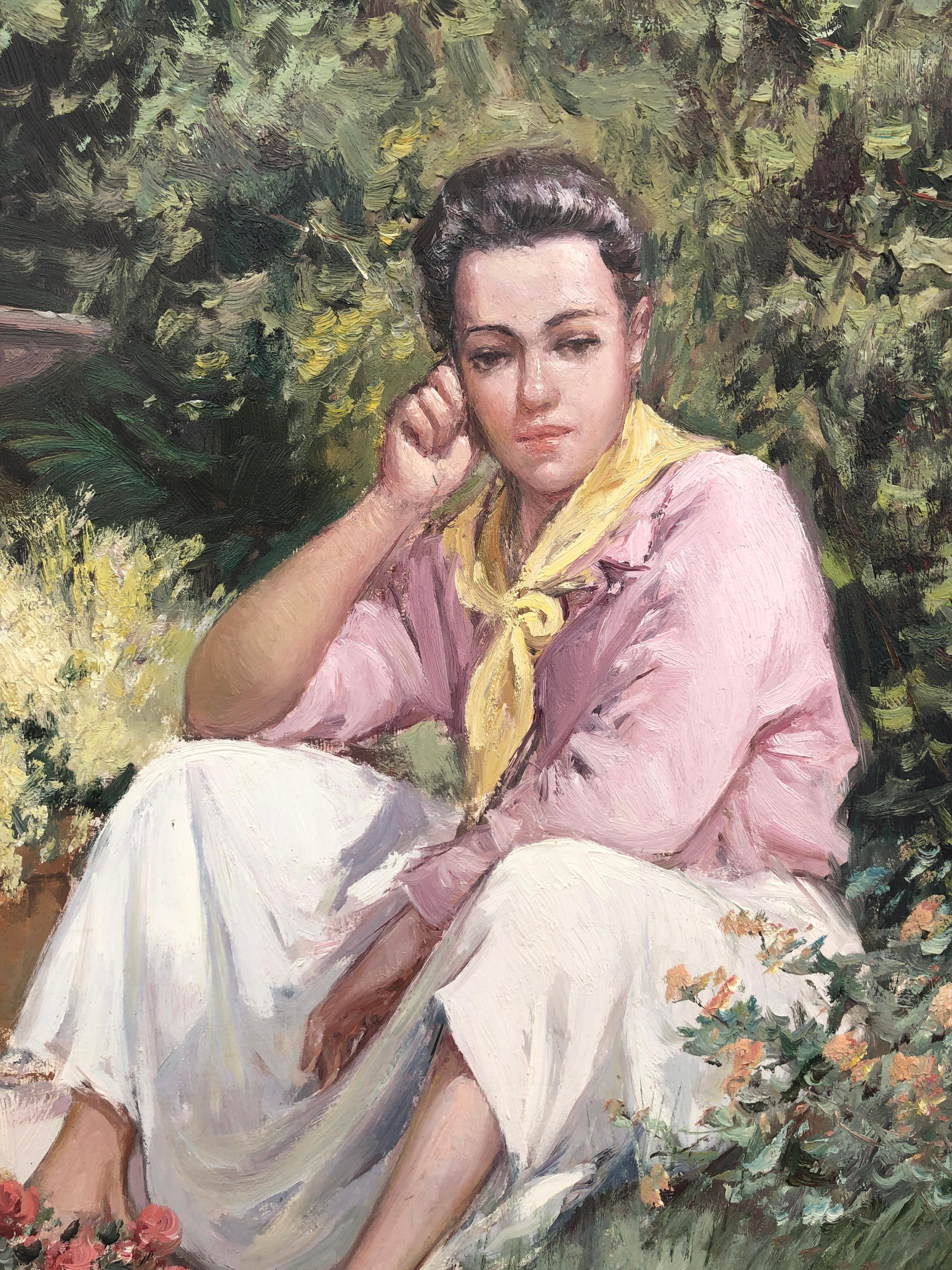 Woman sitting in the garden oil on canvas painting - Gray Portrait Painting by Juan Soler