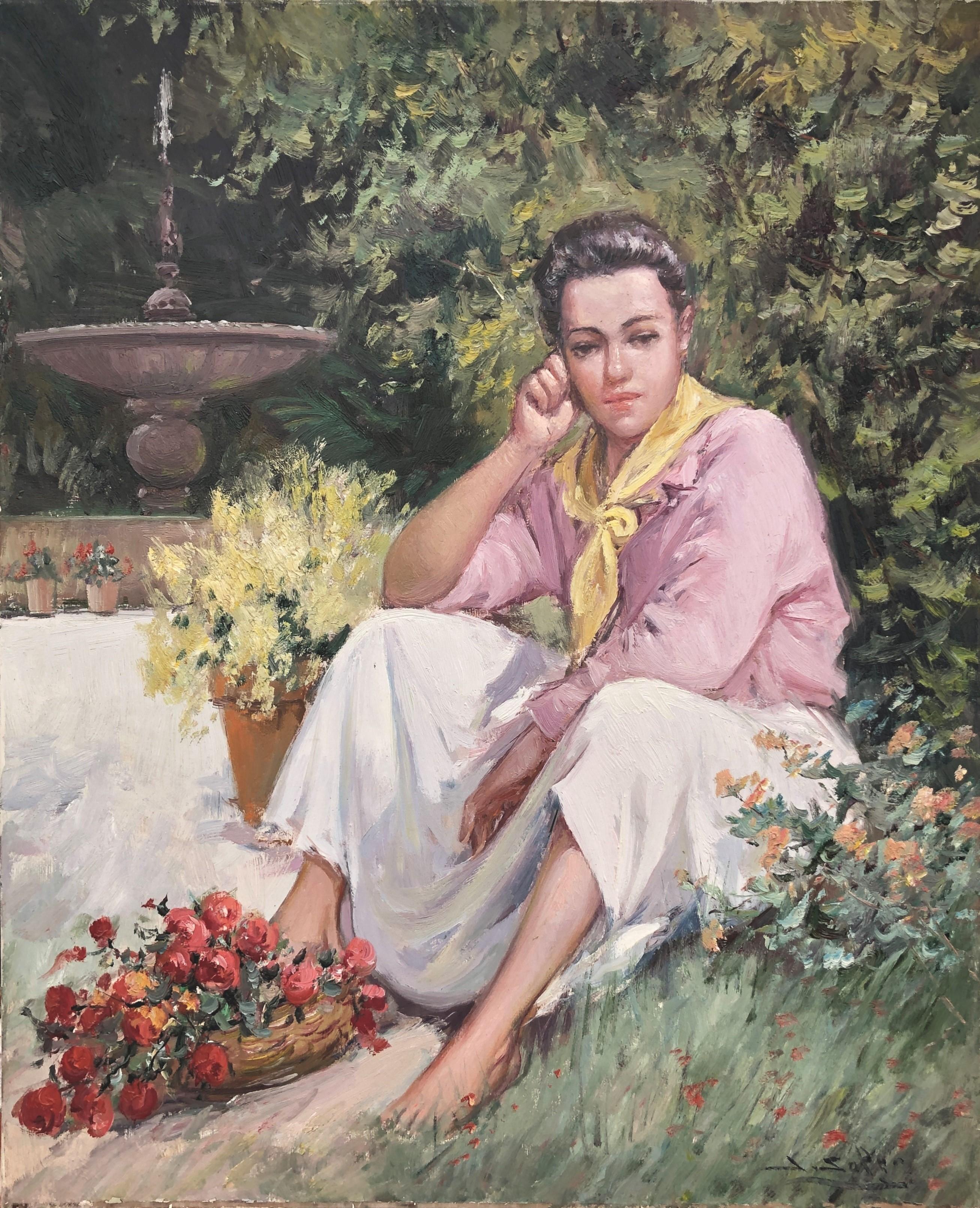 Juan Soler Portrait Painting – Frau im Garten, Öl auf Leinwand, Gemälde