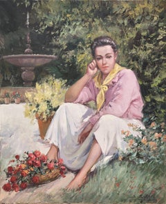 Woman sitting in the garden oil on canvas painting
