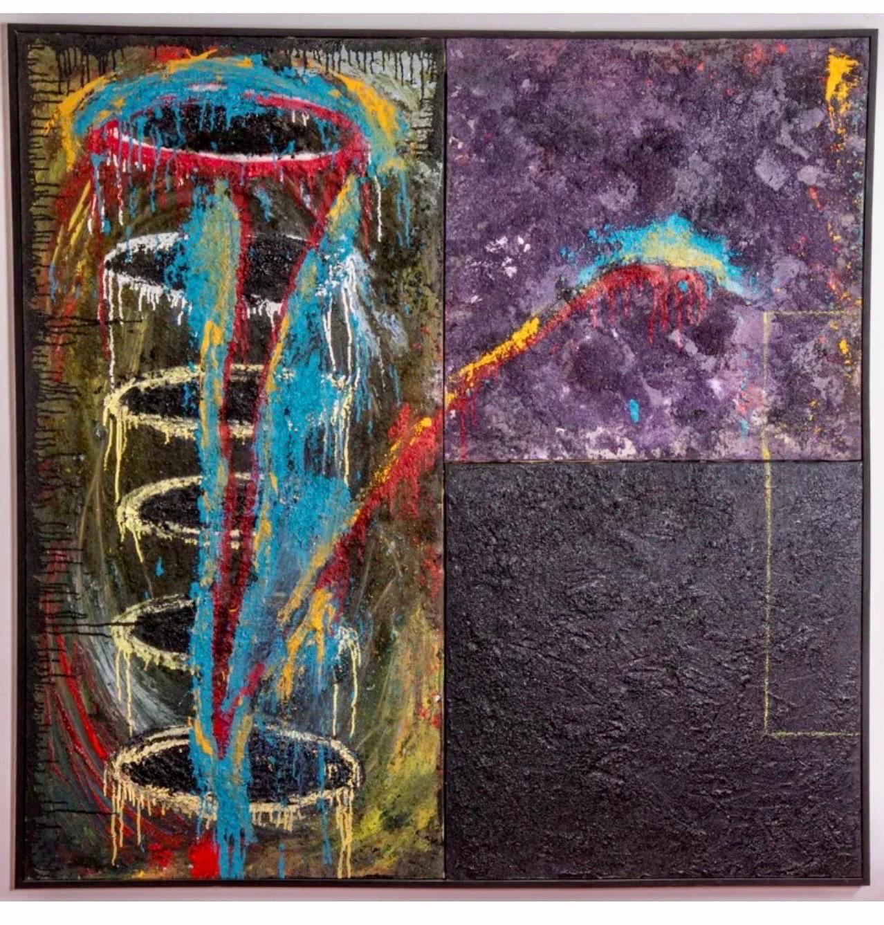 
Juan Suarez (Spanish, b. 1946)
Naturaleza Muerta,
Mixed media painting on three assembled canvases, (triptych)
It is either oil or acrylic paint. it seems like oil to me. A label verso has it indicated as acrylic.
Dimensions: 64 1/8   W: 64 1/4  