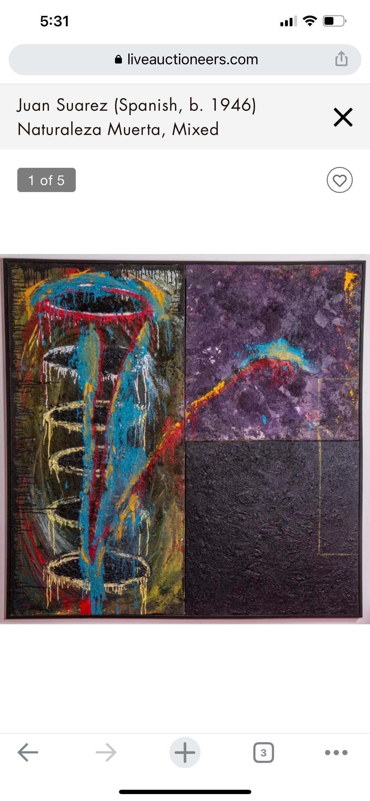 
Juan Suarez (Spanish, b. 1946)
Naturaleza Muerta,
Mixed media painting on three assembled canvases, (triptych)
It is either oil or acrylic paint. it seems like oil to me. A label verso has it indicated as acrylic.
Dimensions: 64 1/8   W: 64 1/4  